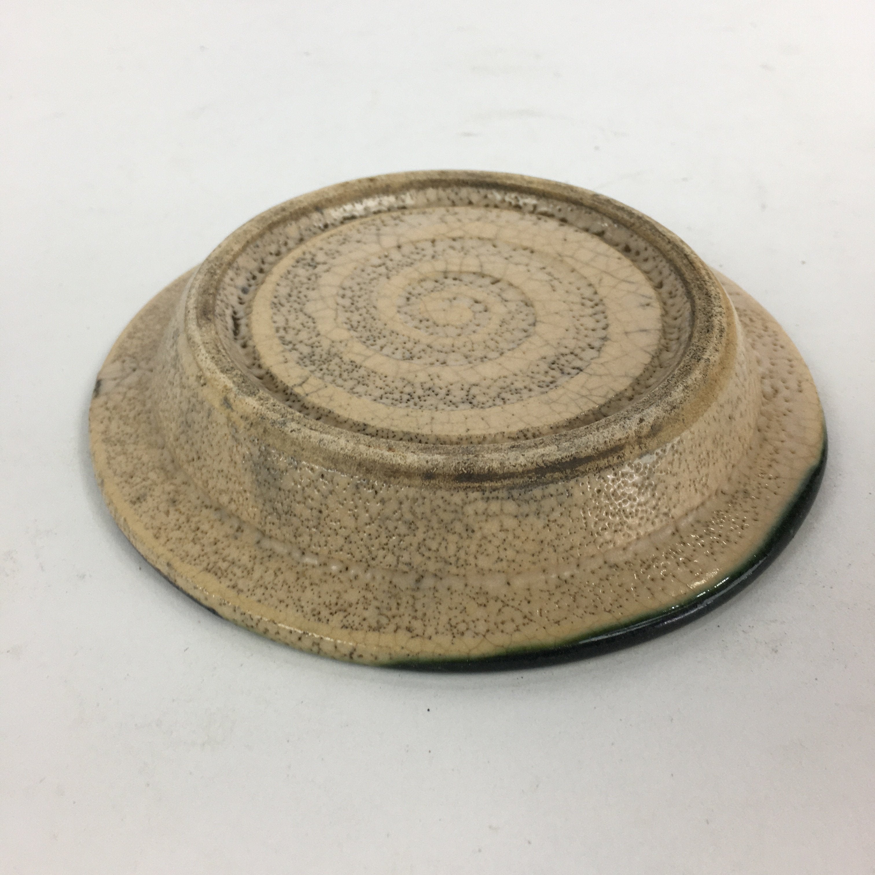 Japanese Ceramic Oribe Ware Small Plate Vtg Pottery Green Glaze Round Kozara PP7