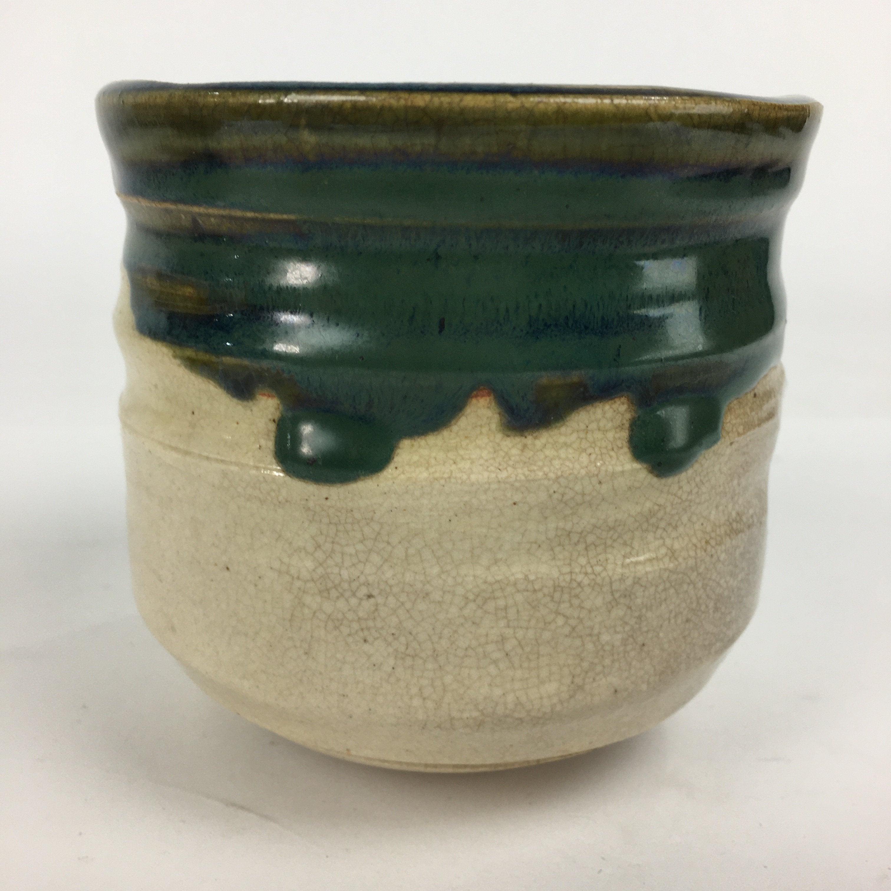 Japanese Ceramic Oribe Ware Tea Ceremony Bowl Vtg Green Matcha Chawan GTB781