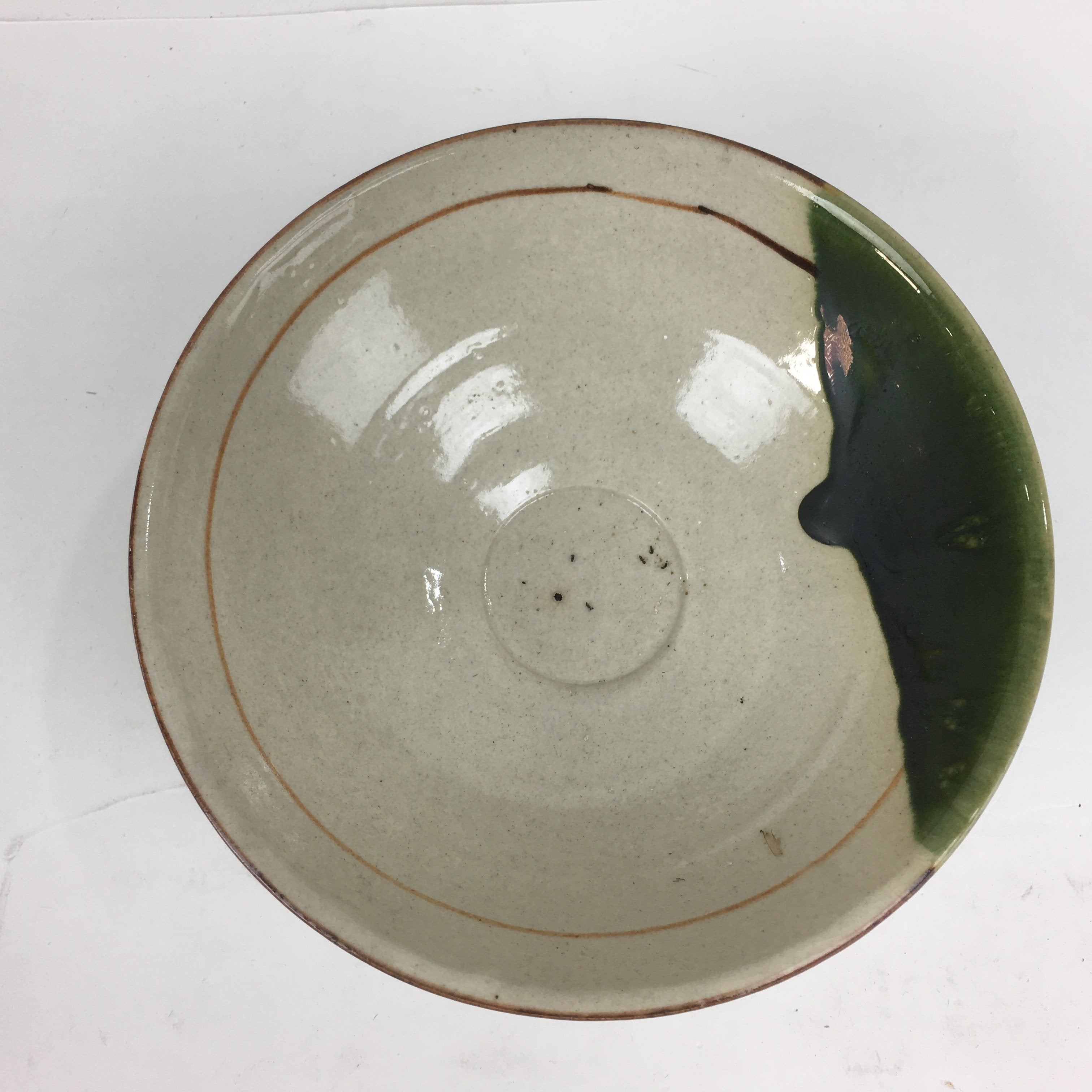 Japanese Ceramic Oribe Ware Tea Ceremony Bowl Vtg Green White Chawan GTB773
