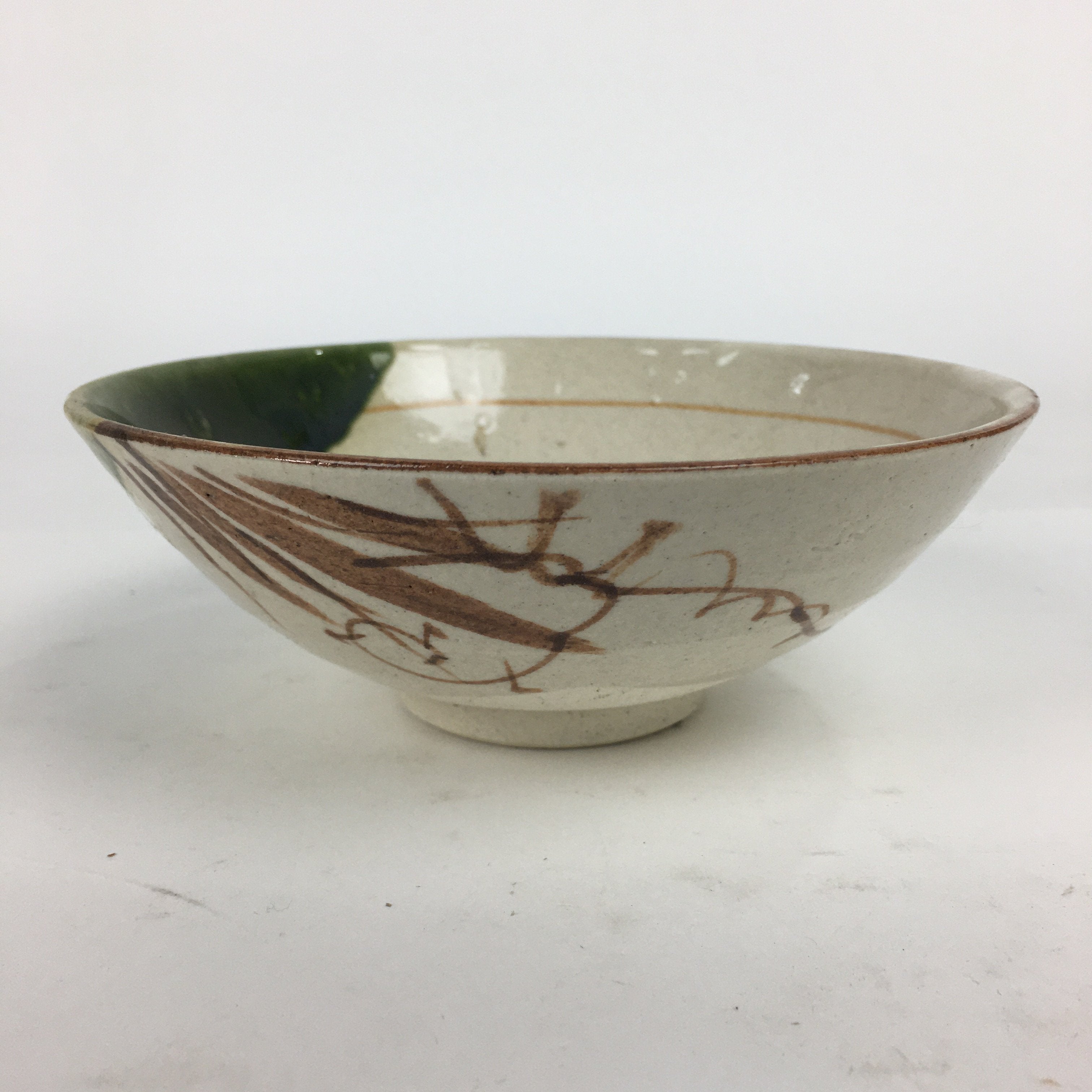 Japanese Ceramic Oribe Ware Tea Ceremony Bowl Vtg Green White Chawan GTB773