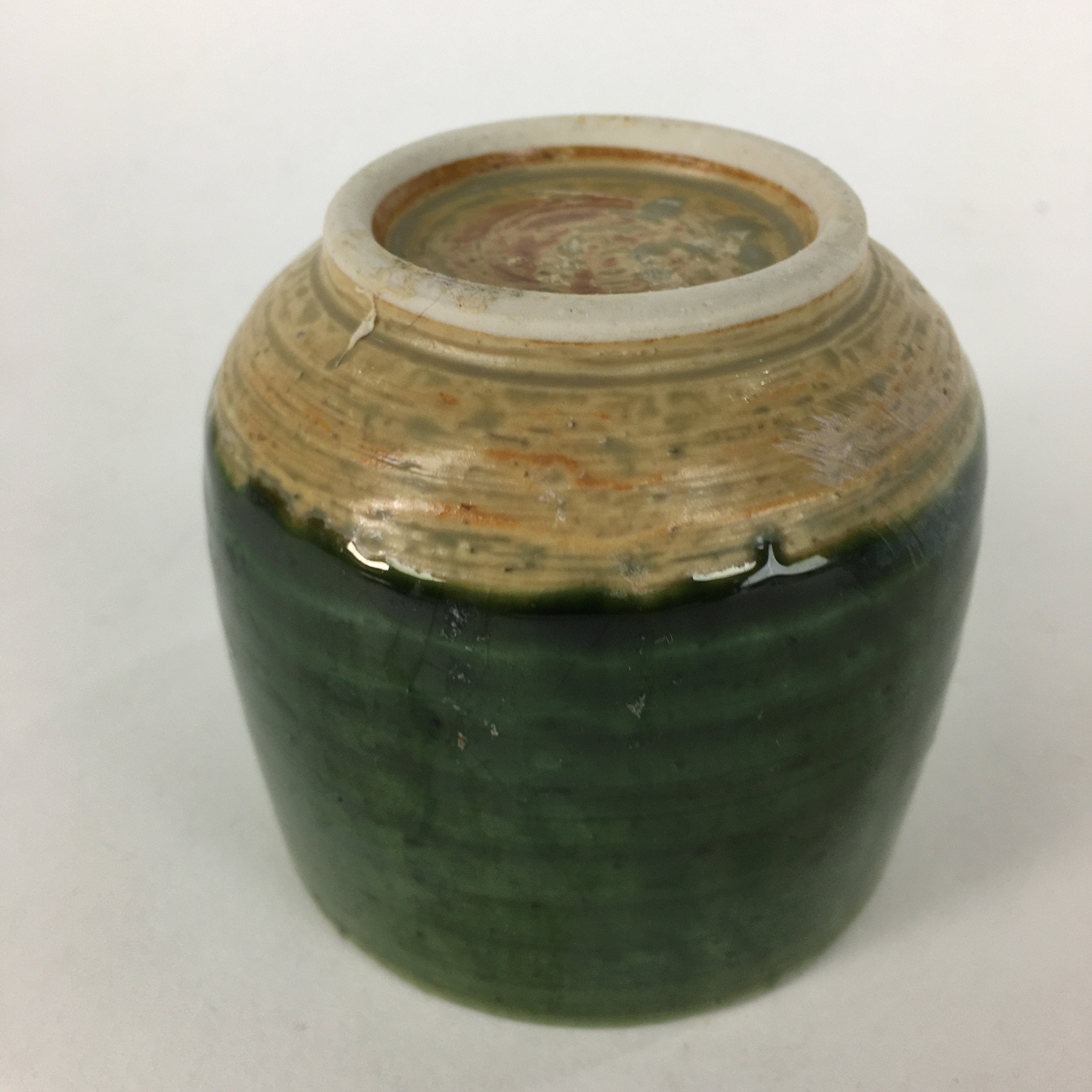 Japanese Ceramic Oribe Ware Teacup Yunomi Vtg Green Yellow Pottery Sencha TC233