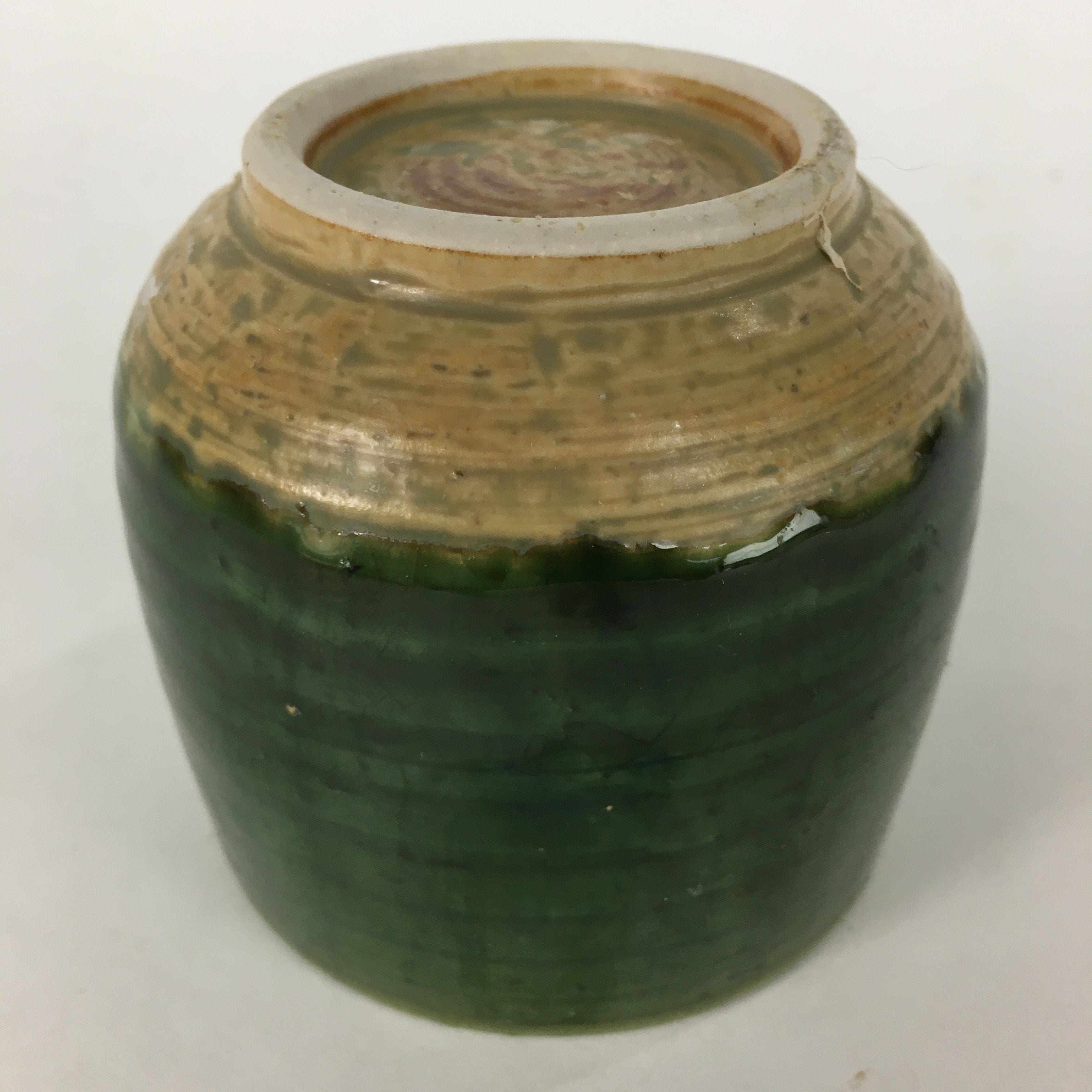 Japanese Ceramic Oribe Ware Teacup Yunomi Vtg Green Yellow Pottery Sencha TC233