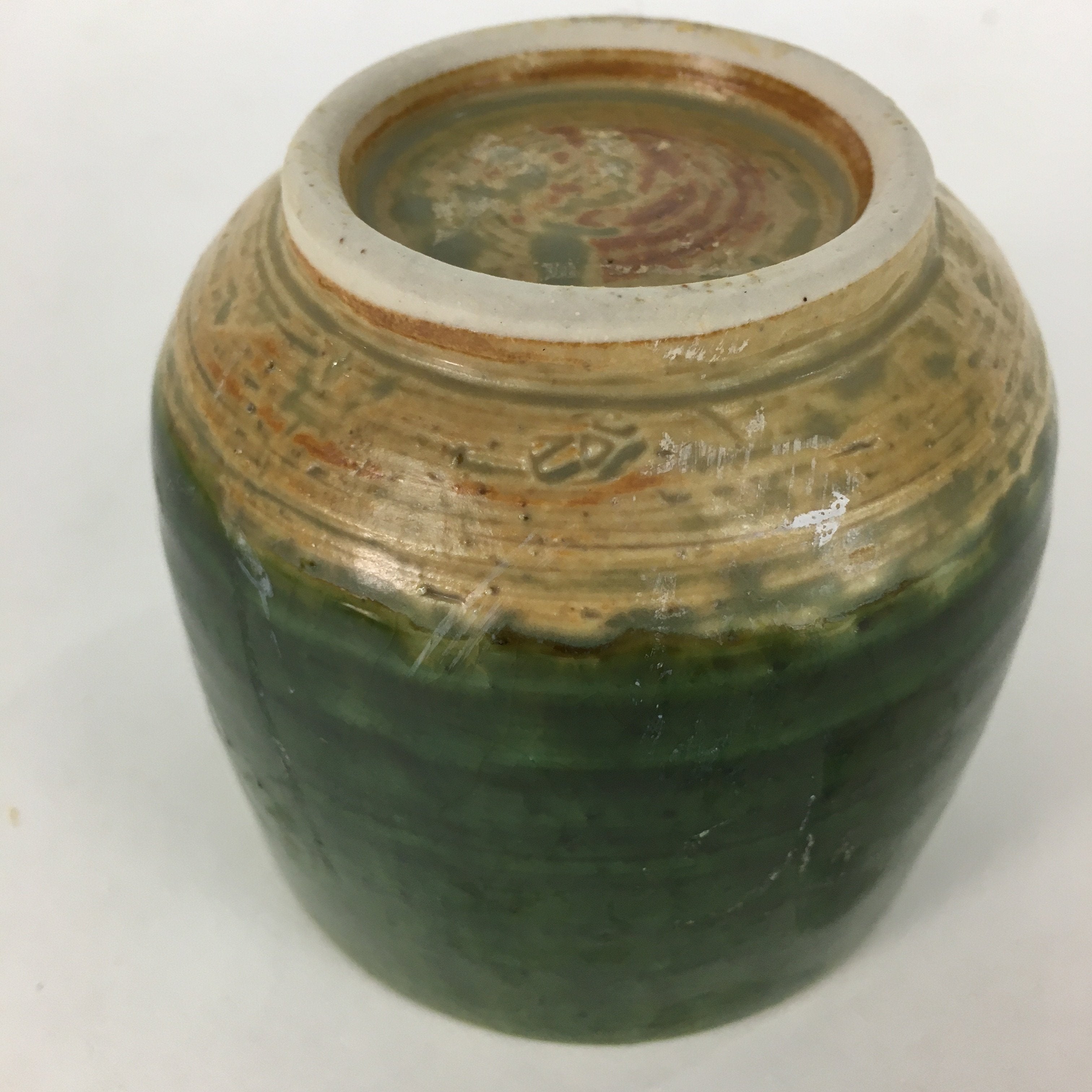 Japanese Ceramic Oribe Ware Teacup Yunomi Vtg Green Yellow Pottery Sencha TC233