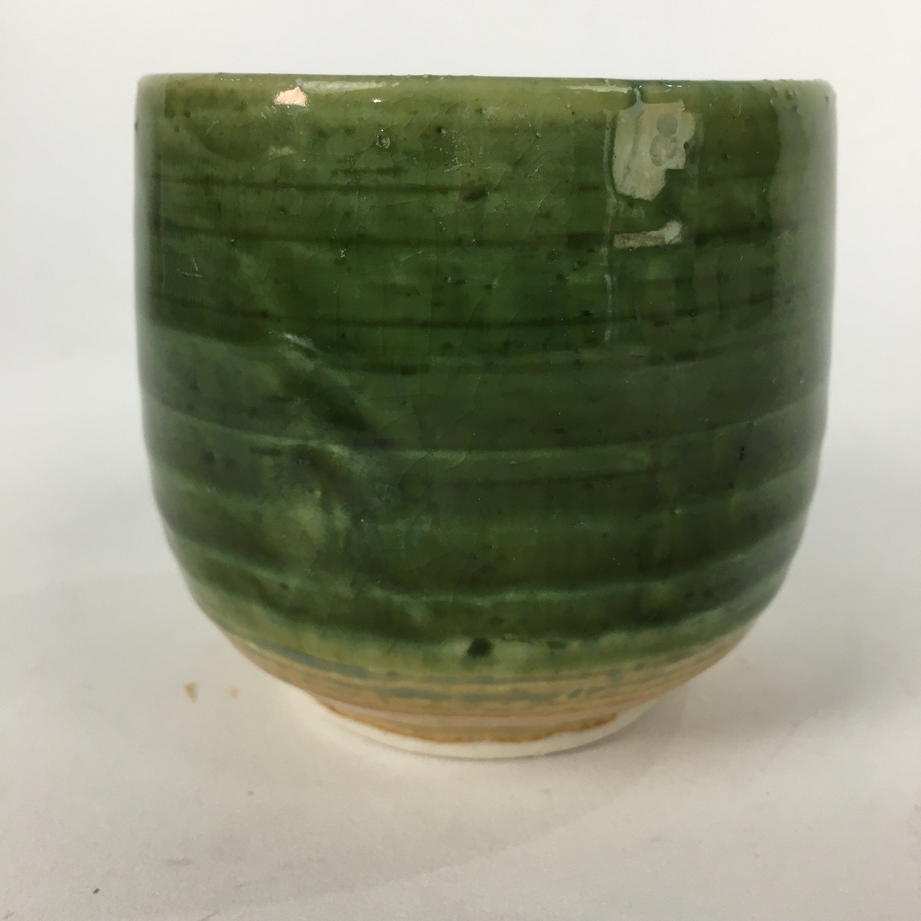 Japanese Ceramic Oribe Ware Teacup Yunomi Vtg Green Yellow Pottery Sencha TC234