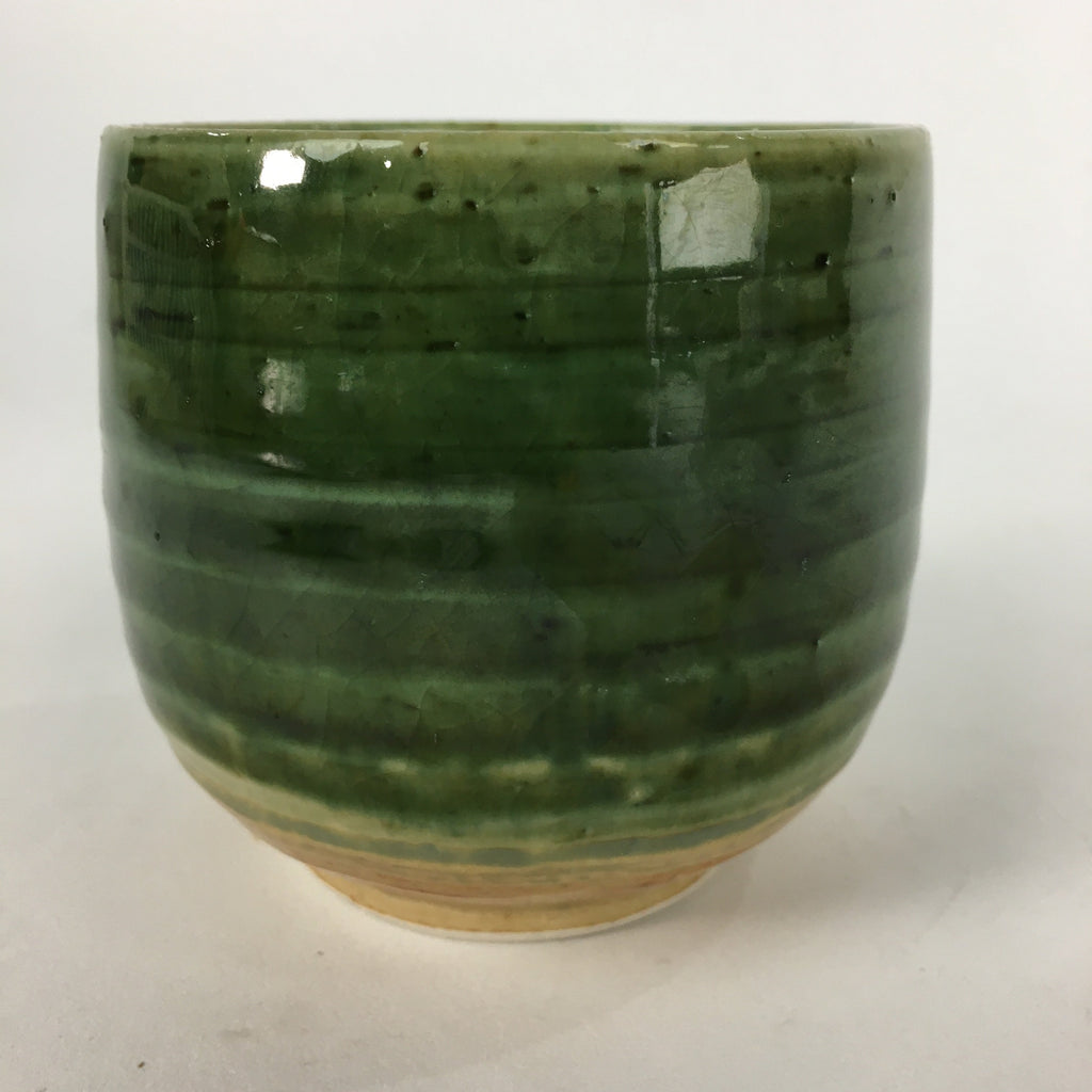 Japanese Ceramic Oribe Ware Teacup Yunomi Vtg Green Yellow Pottery Sencha TC234