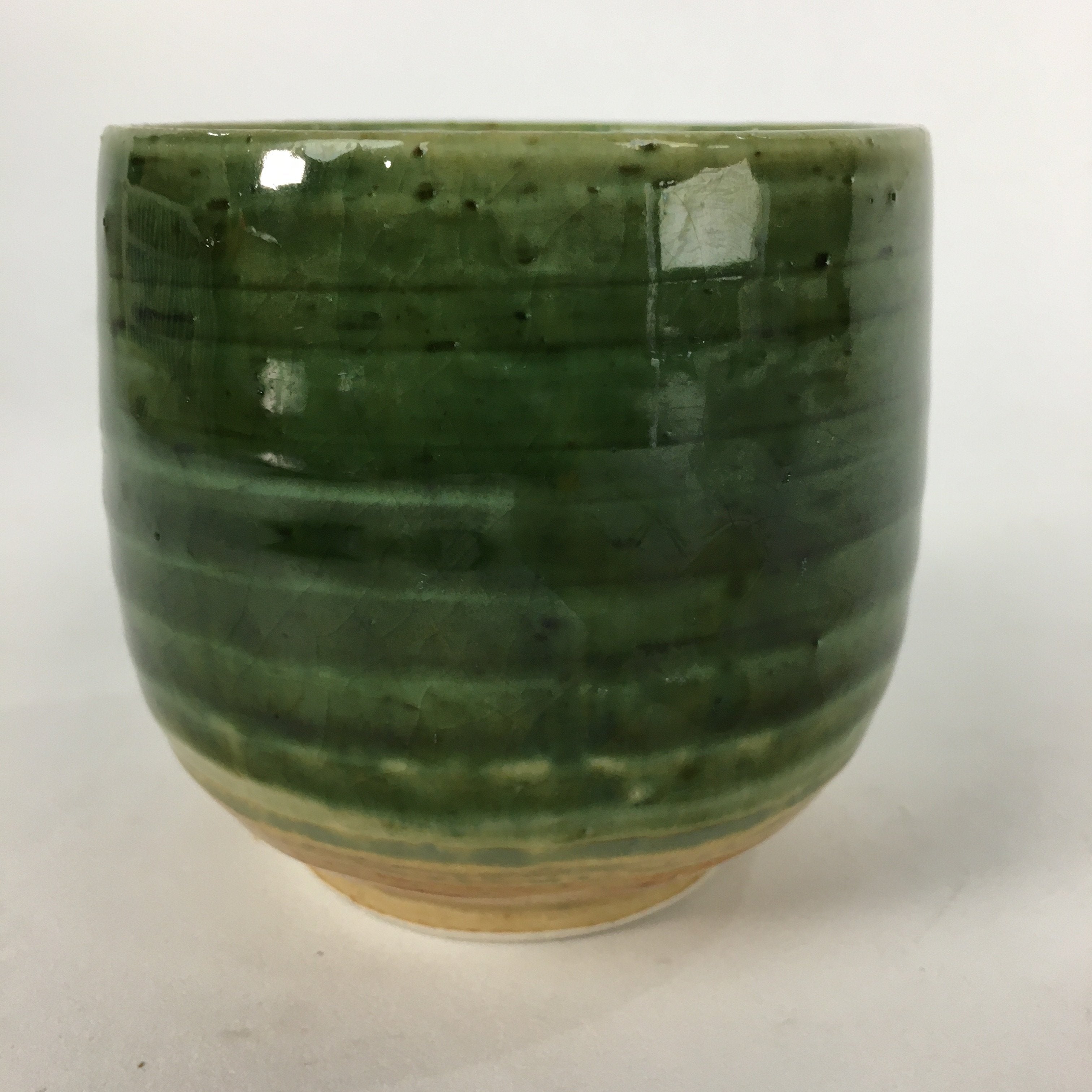 Japanese Ceramic Oribe Ware Teacup Yunomi Vtg Green Yellow Pottery Sencha TC234