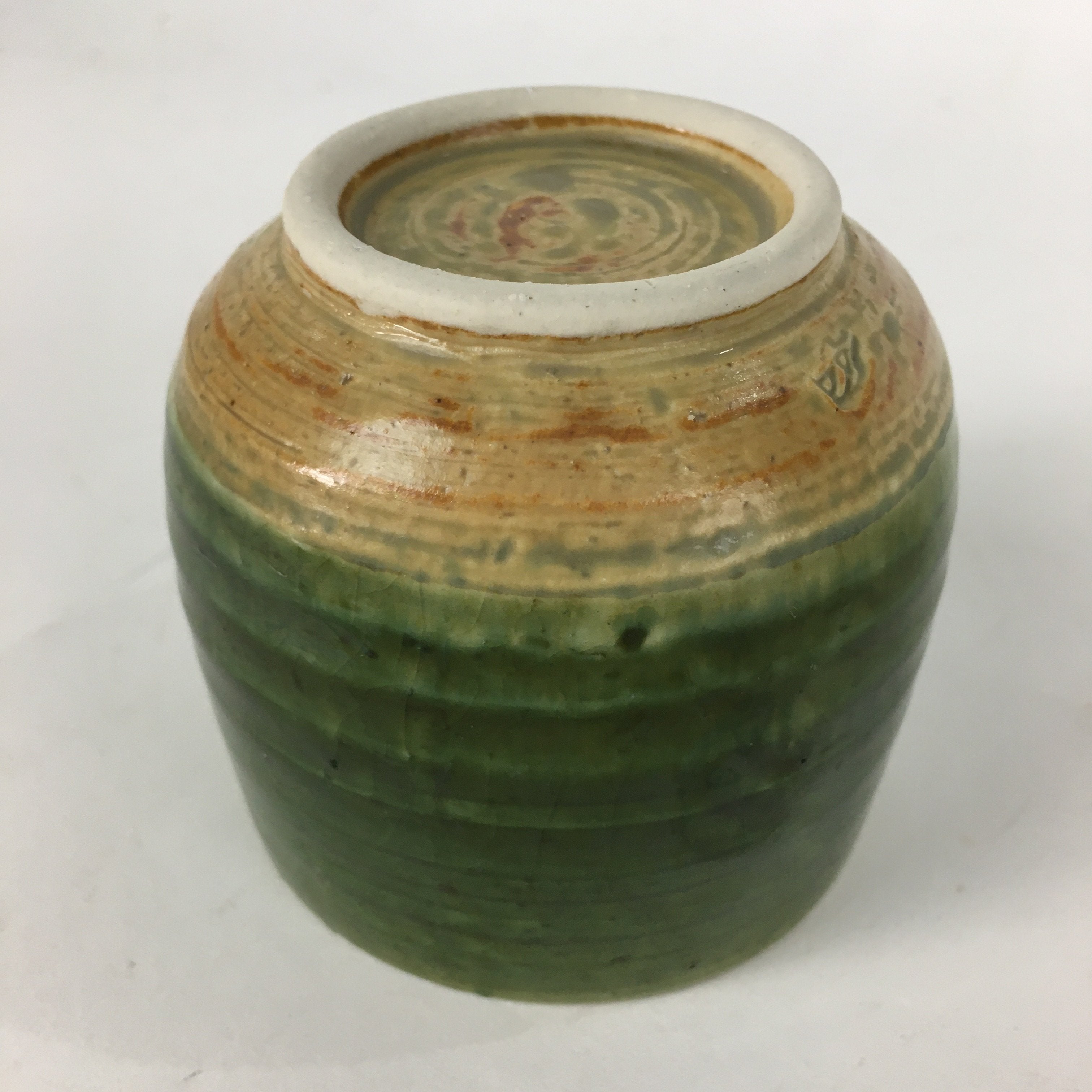 Japanese Ceramic Oribe Ware Teacup Yunomi Vtg Green Yellow Pottery Sencha TC234