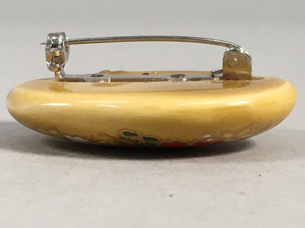 Japanese Ceramic Oval Brooch Vtg Ki Seto Glaze Gold Red White Flower JK60