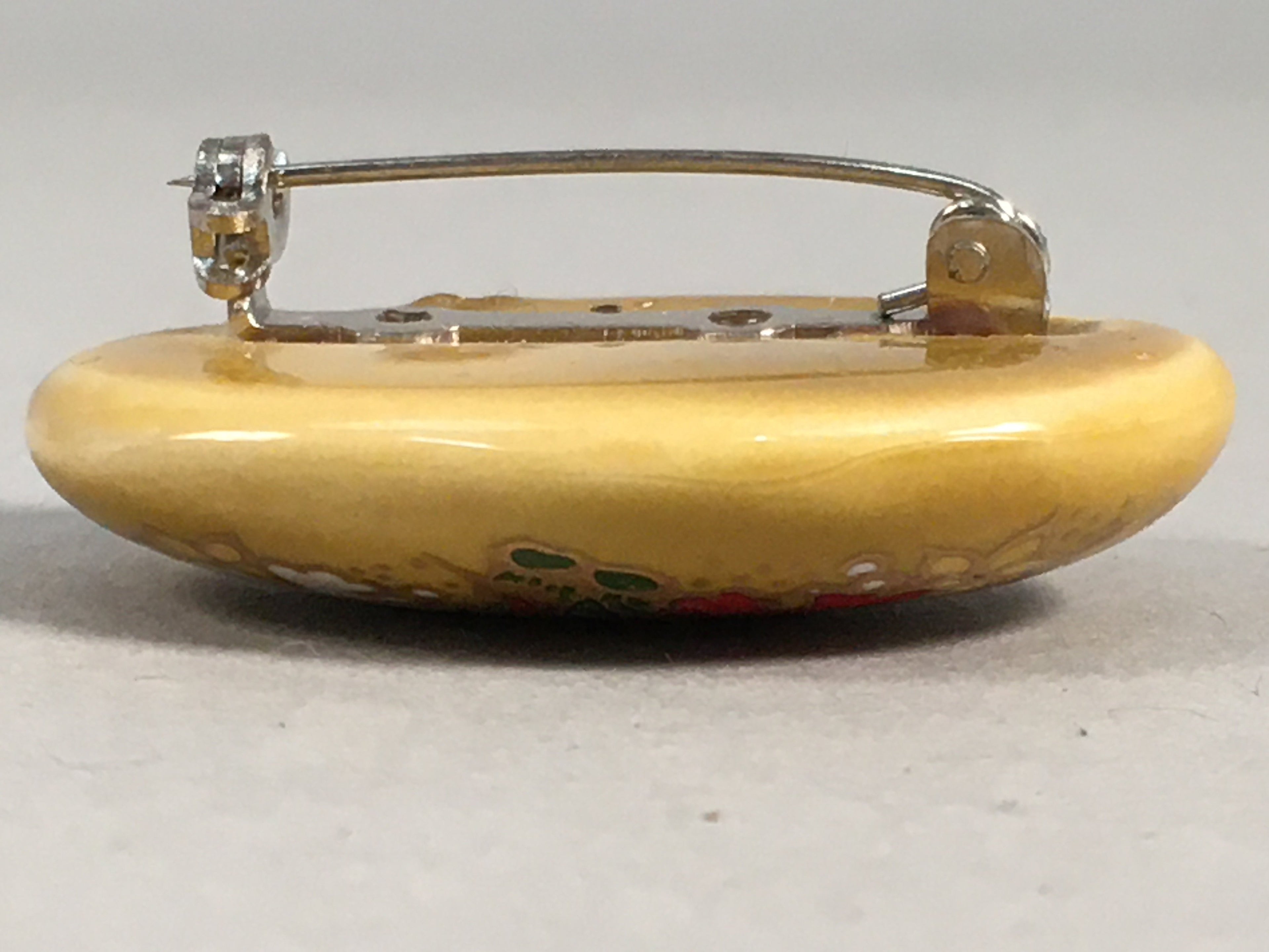 Japanese Ceramic Oval Brooch Vtg Ki Seto Glaze Gold Red White Flower JK60