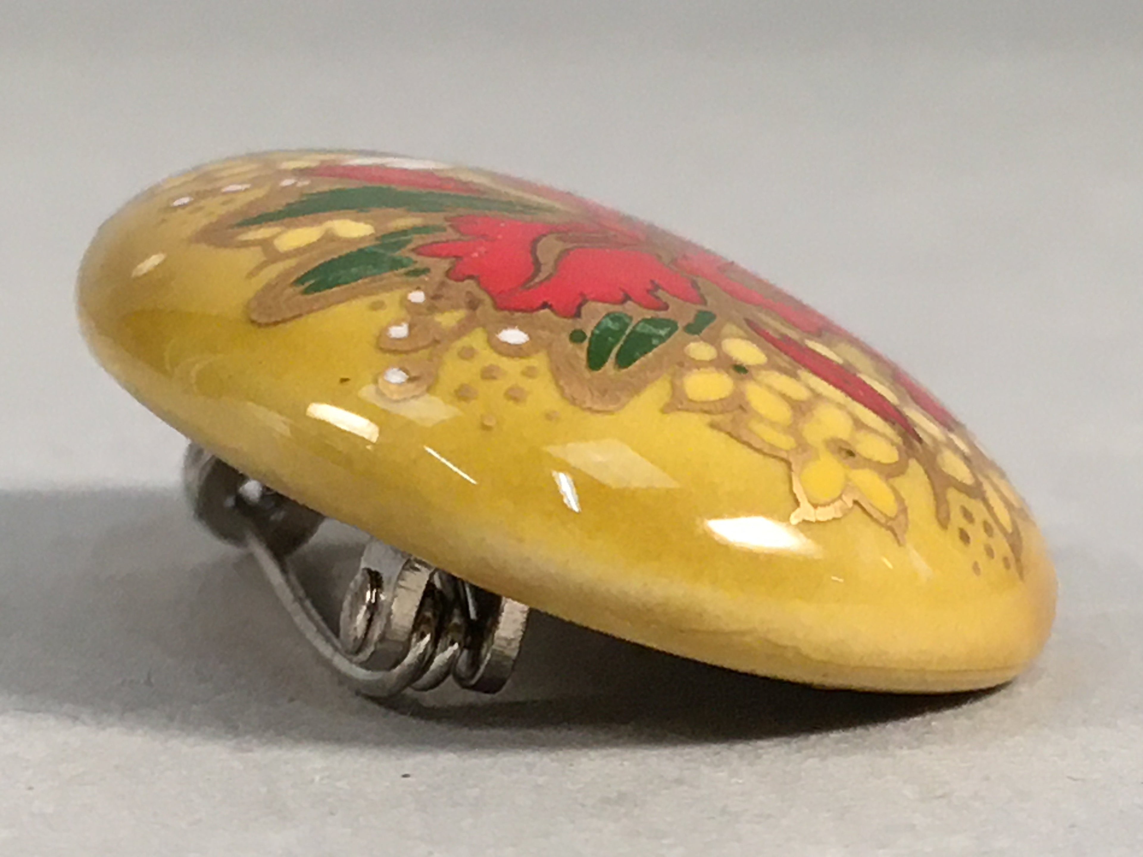 Japanese Ceramic Oval Brooch Vtg Ki Seto Glaze Gold Red White Flower JK60