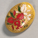 Japanese Ceramic Oval Brooch Vtg Ki Seto Glaze Gold Red White Flower JK60