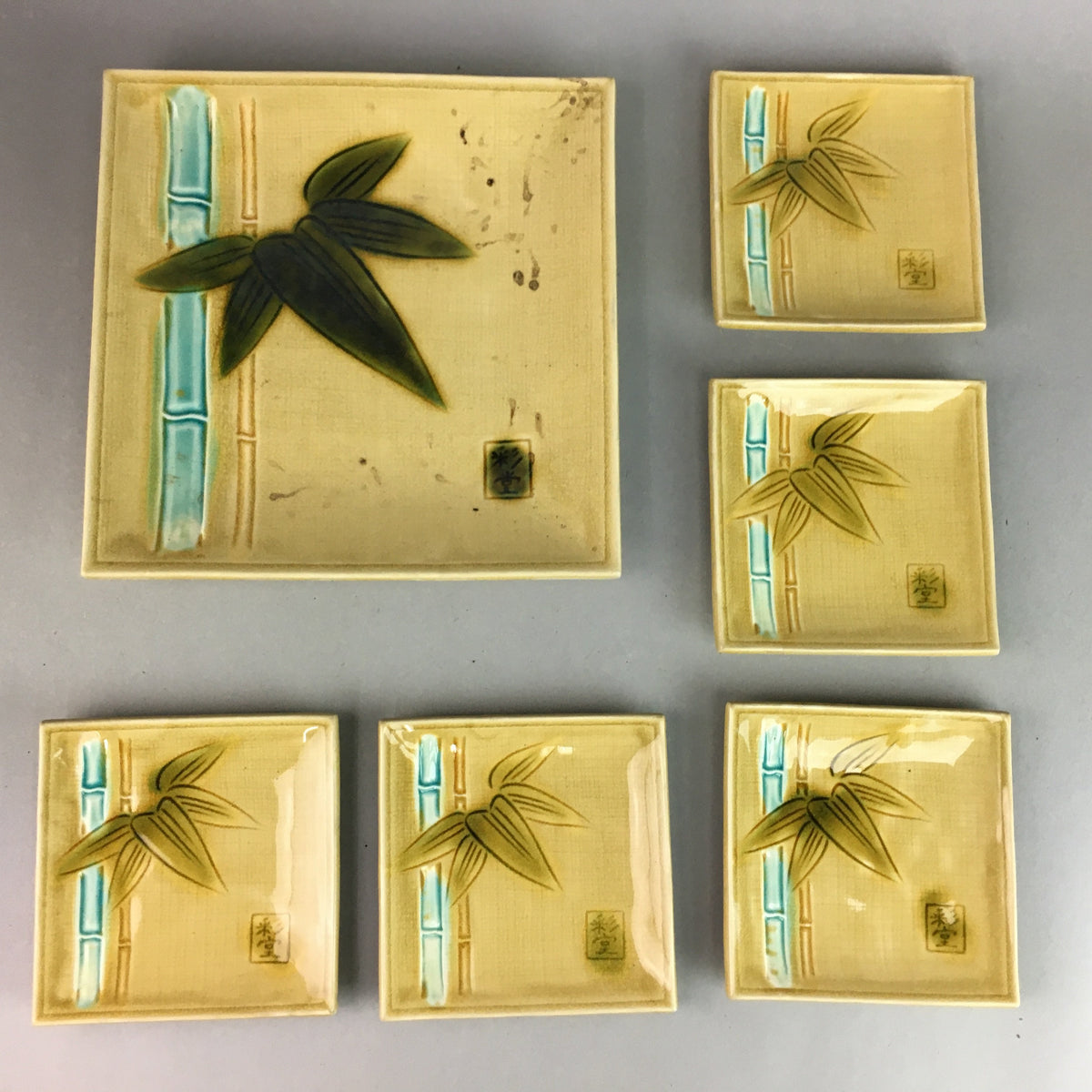 Japanese Ceramic Plate 6 pc Set Ki Seto ware Vtg Wooden Box Bamboo PX443