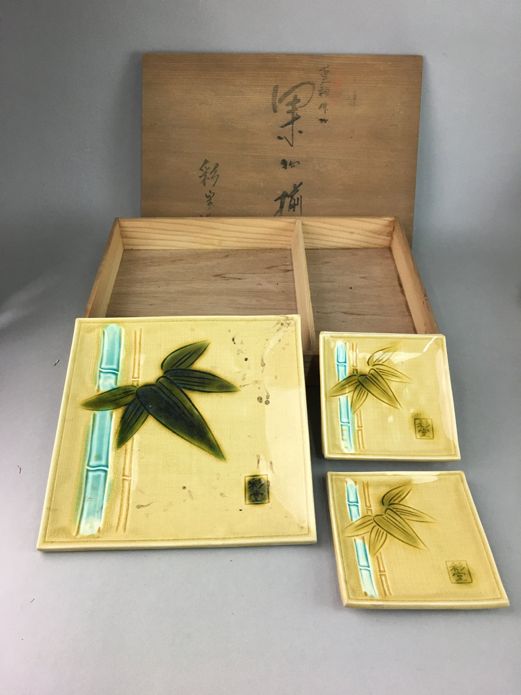 Japanese Ceramic Plate 6 pc Set Ki Seto ware Vtg Wooden Box Bamboo PX443