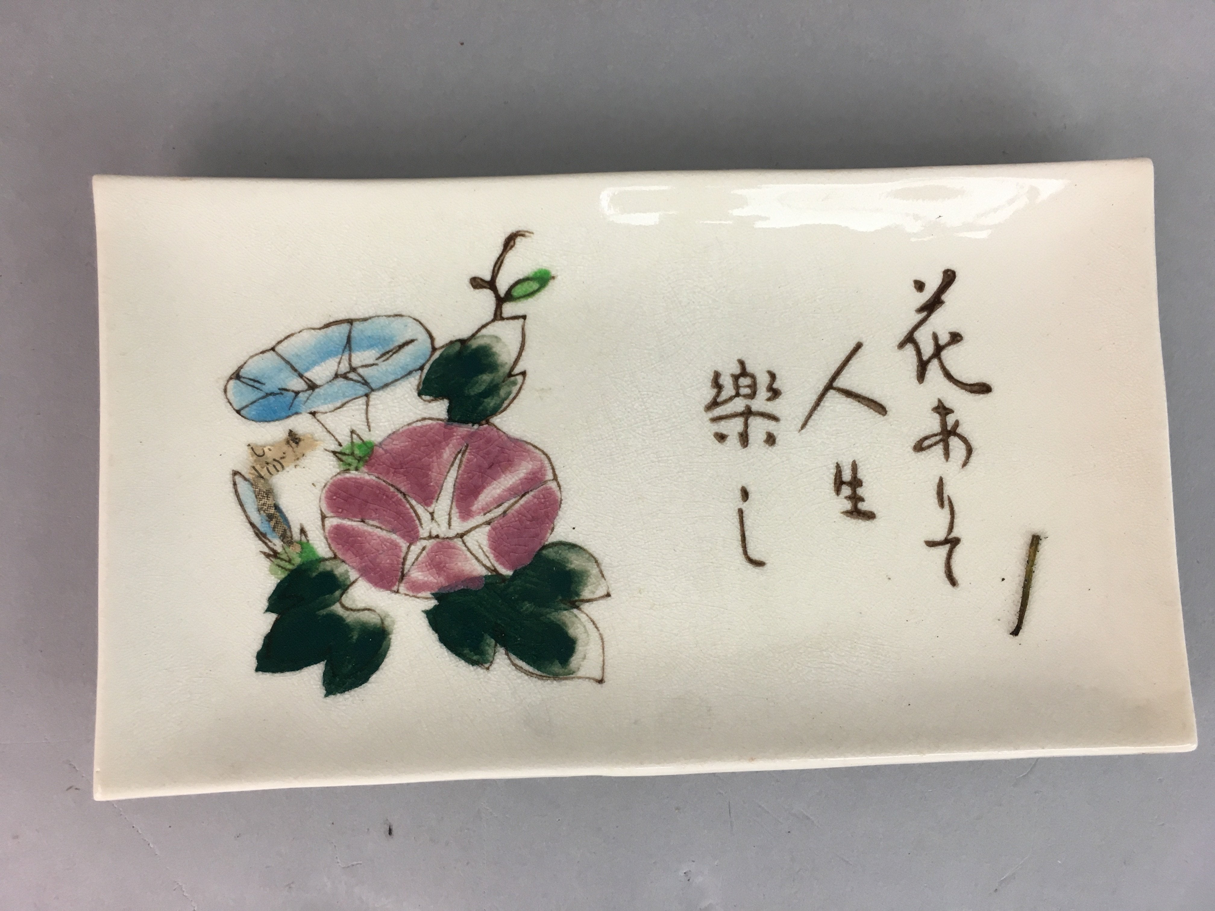 Japanese Ceramic Plate Vtg Rectangle Pottery Floral Kanji Morning Glory PP327