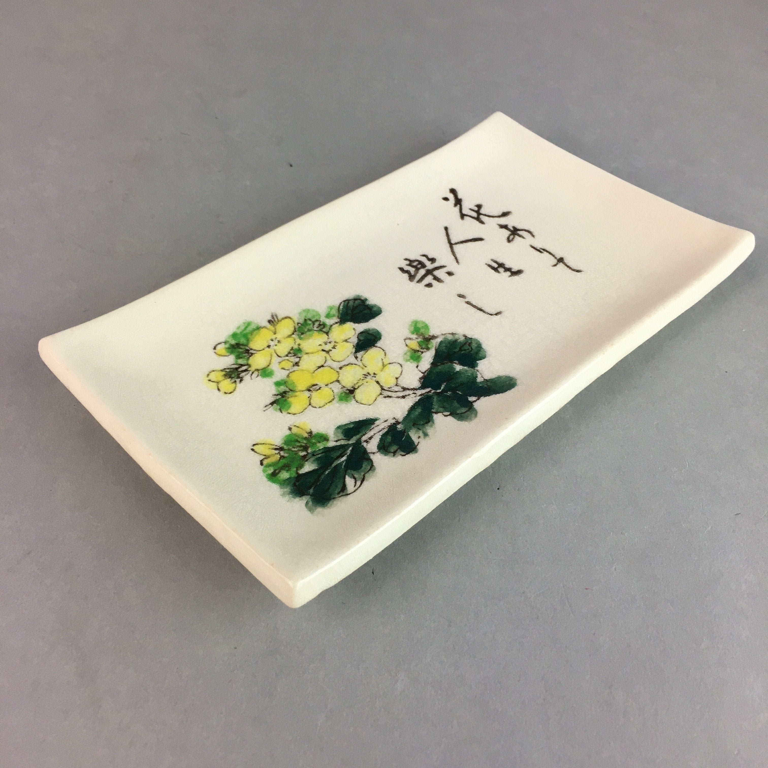 Japanese Ceramic Plate Vtg Rectangle Pottery Floral Kanji Yellow Canola Flower P