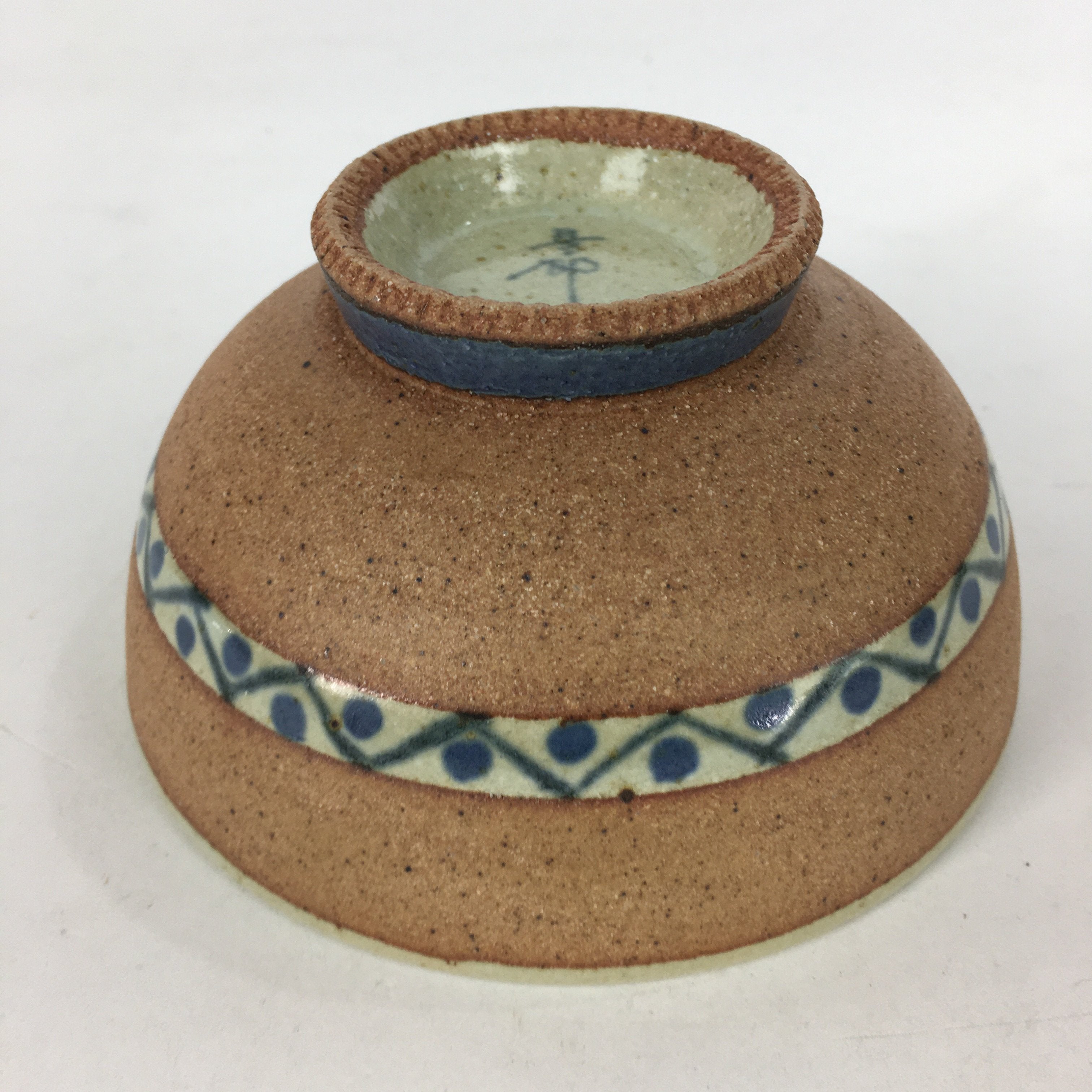Japanese Ceramic Rice Bowl Vtg Chawan Pottery Blue Flower Brown Yakimono PP600