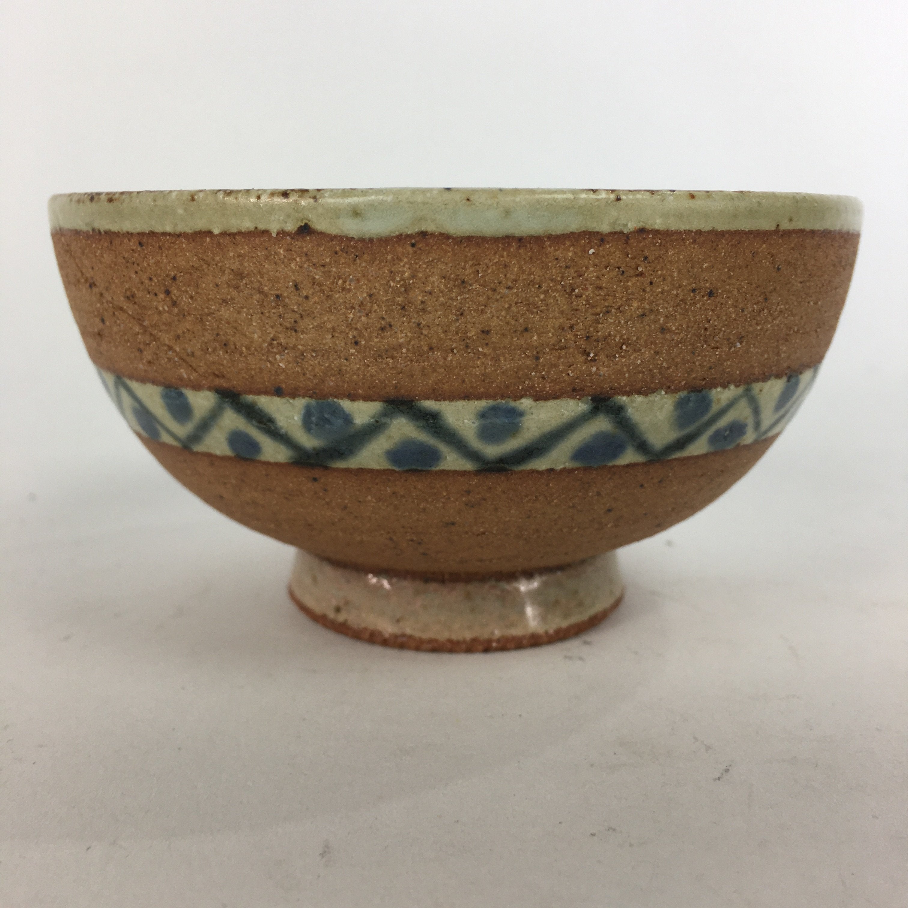Japanese Ceramic Rice Bowl Vtg Chawan Pottery Blue Flower Brown Yakimono PP601
