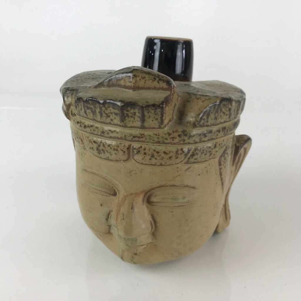 Japanese Ceramic Sake Bottle Sake Cup Set Vtg Pottery Bosatsu Head Mask TS460