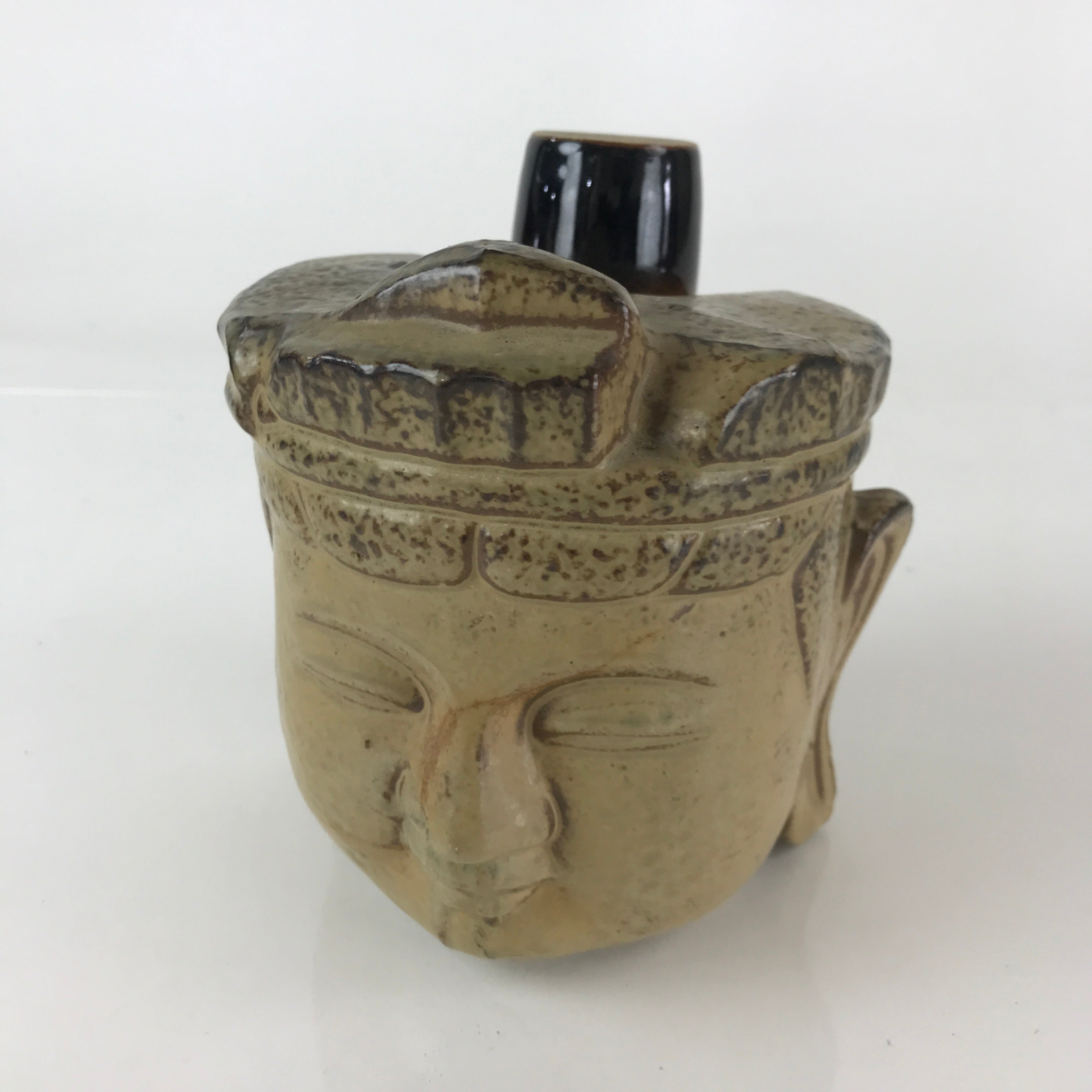 Japanese Ceramic Sake Bottle Sake Cup Set Vtg Pottery Bosatsu Head Mask TS460