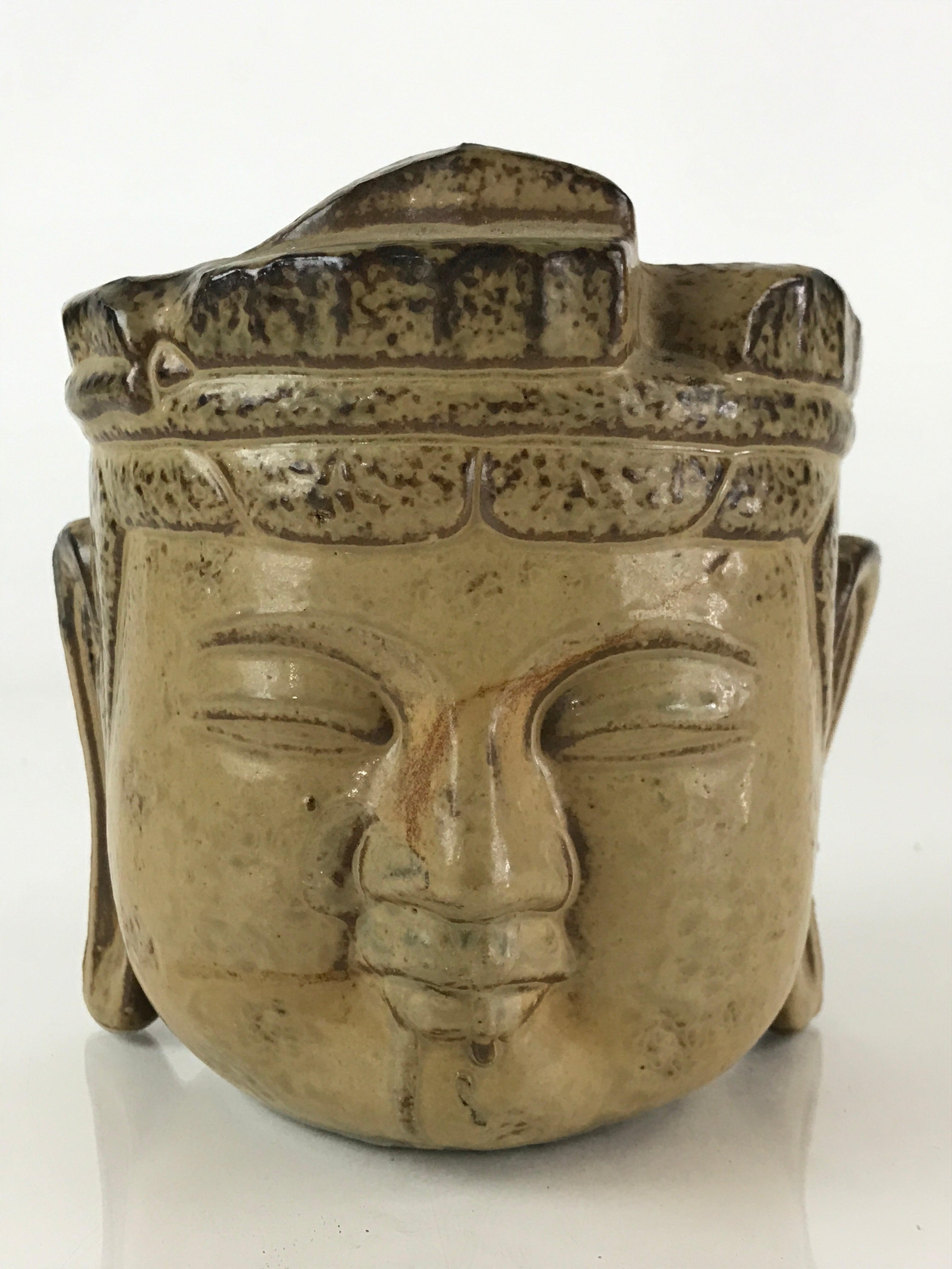 Japanese Ceramic Sake Bottle Sake Cup Set Vtg Pottery Bosatsu Head Mask TS460