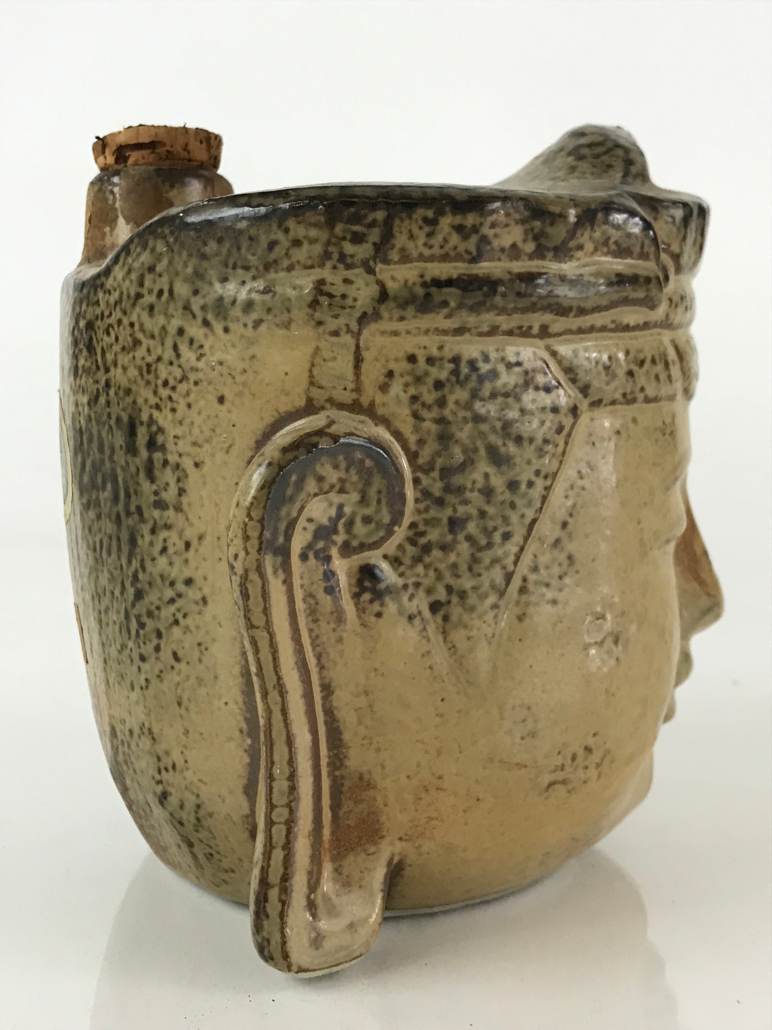 Japanese Ceramic Sake Bottle Sake Cup Set Vtg Pottery Bosatsu Head Mask TS460