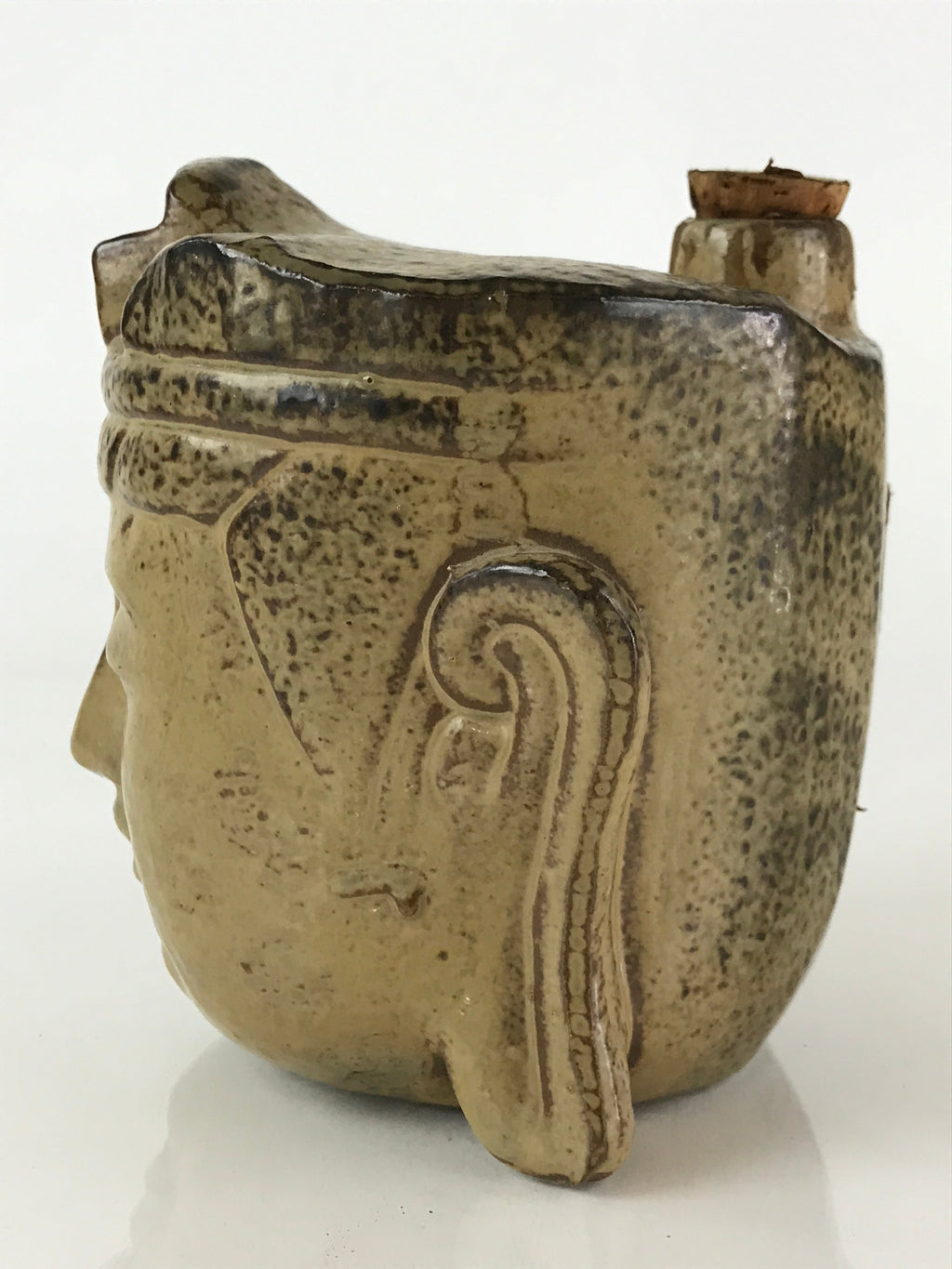 Japanese Ceramic Sake Bottle Sake Cup Set Vtg Pottery Bosatsu Head Mask TS460