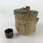 Japanese Ceramic Sake Bottle Sake Cup Set Vtg Pottery Bosatsu Head Mask TS460