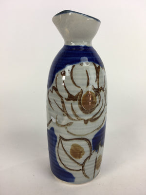 Japanese Ceramic Sake Bottle Tokkuri Vtg Pottery Blue Hand Drawn Picture TS261