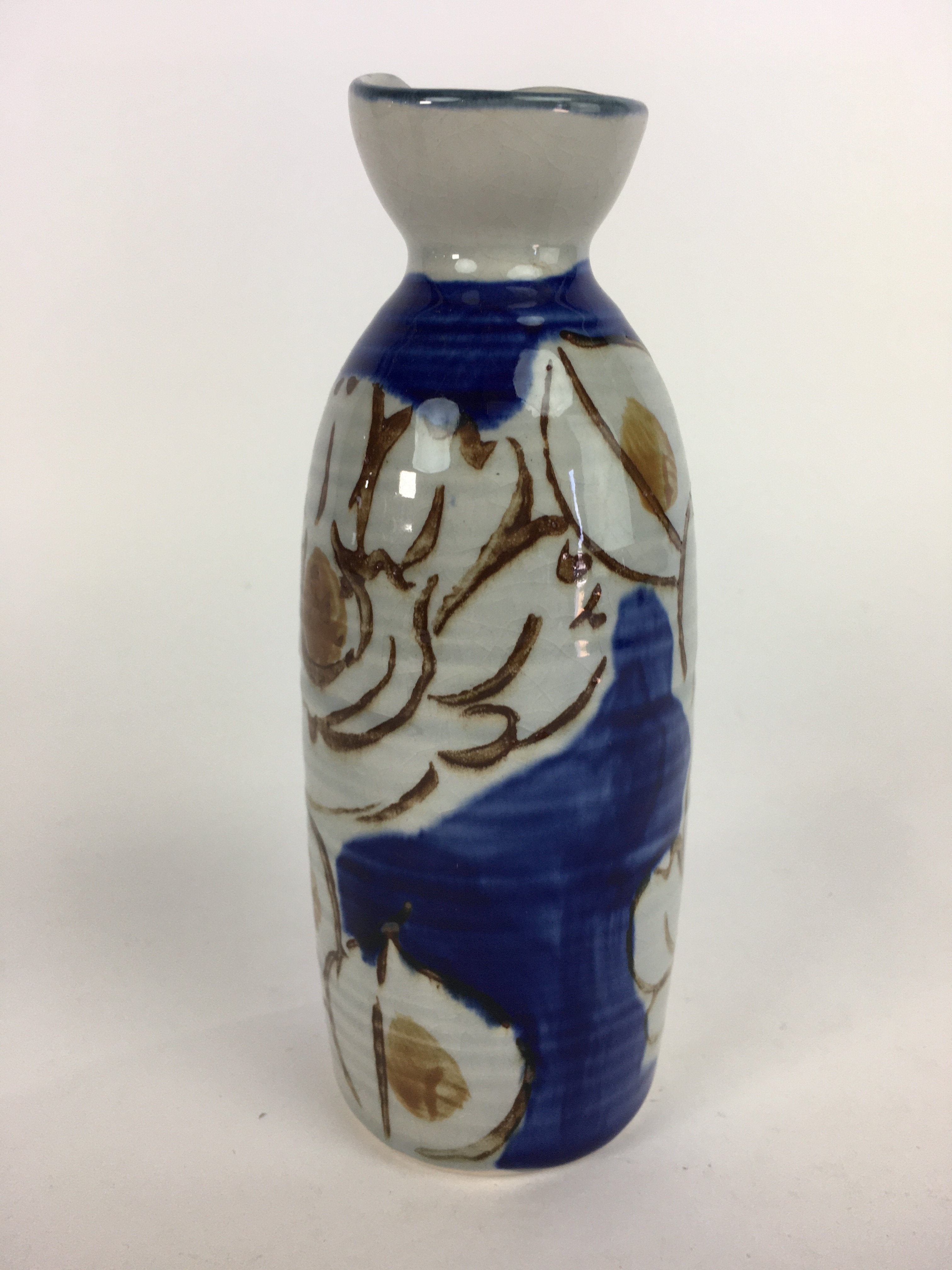 Japanese Ceramic Sake Bottle Tokkuri Vtg Pottery Blue Hand Drawn Picture TS261