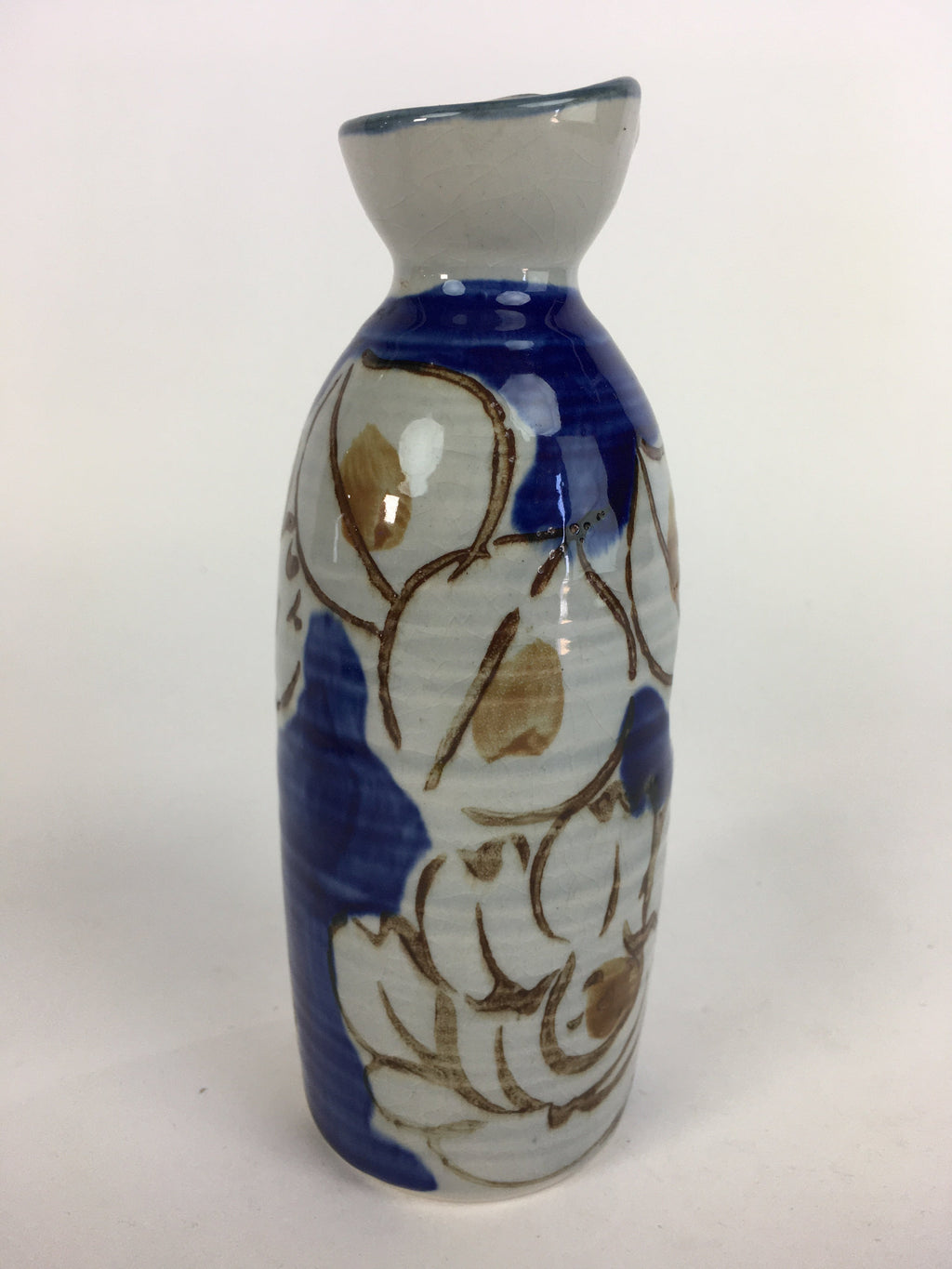 Japanese Ceramic Sake Bottle Tokkuri Vtg Pottery Blue Hand Drawn Picture TS261