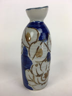 Japanese Ceramic Sake Bottle Tokkuri Vtg Pottery Blue Hand Drawn Picture TS261