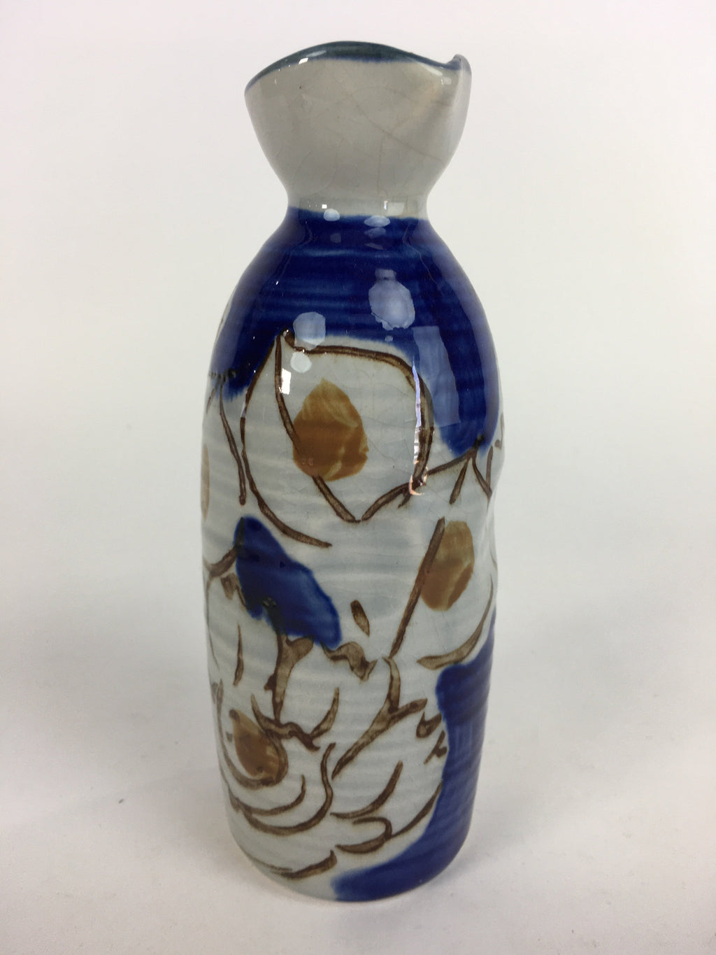 Japanese Ceramic Sake Bottle Tokkuri Vtg Pottery Blue Hand Drawn Picture TS261