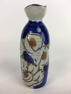Japanese Ceramic Sake Bottle Tokkuri Vtg Pottery Blue Hand Drawn Picture TS261