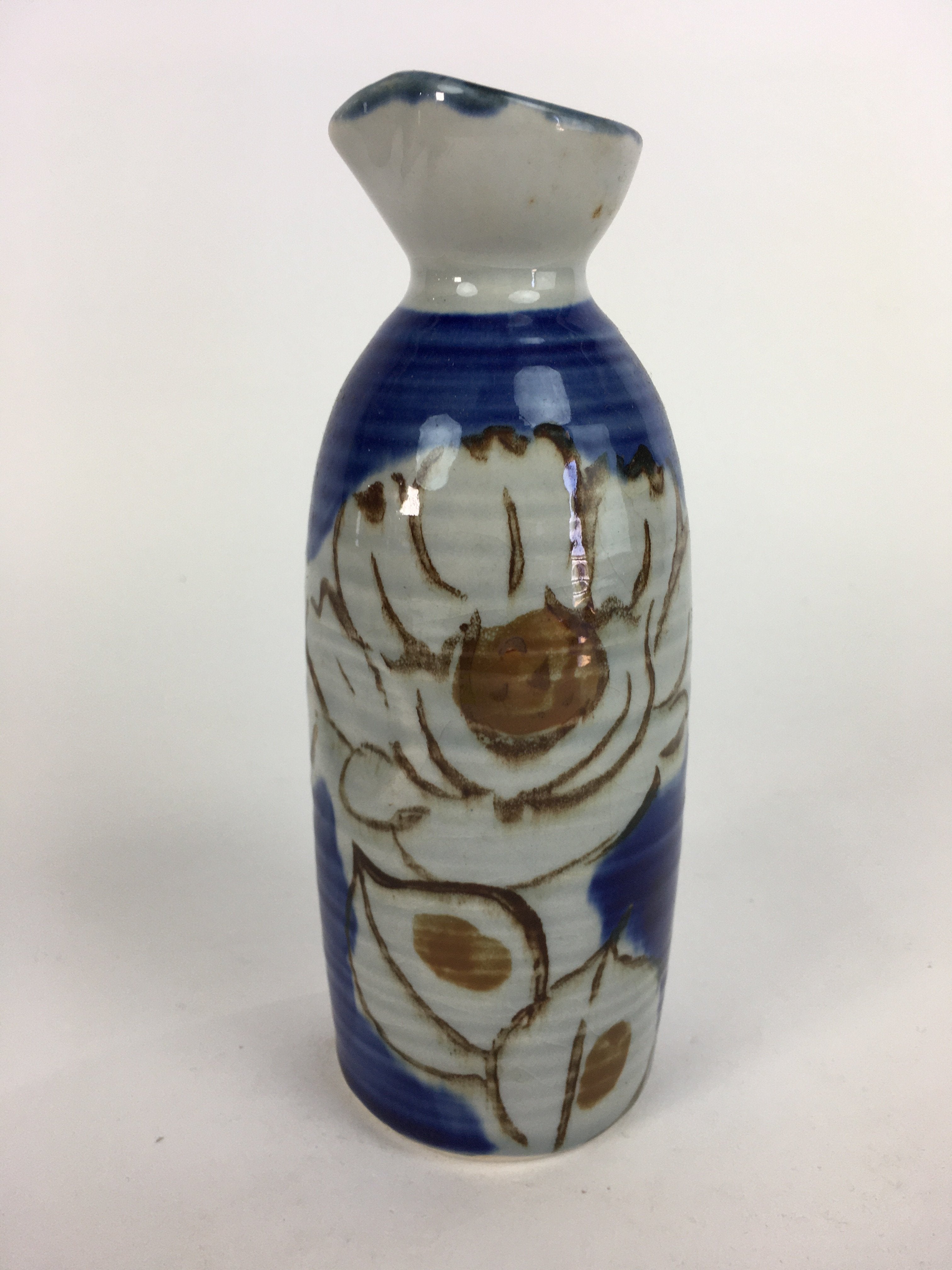 Japanese Ceramic Sake Bottle Tokkuri Vtg Pottery Blue Hand Drawn Picture TS262