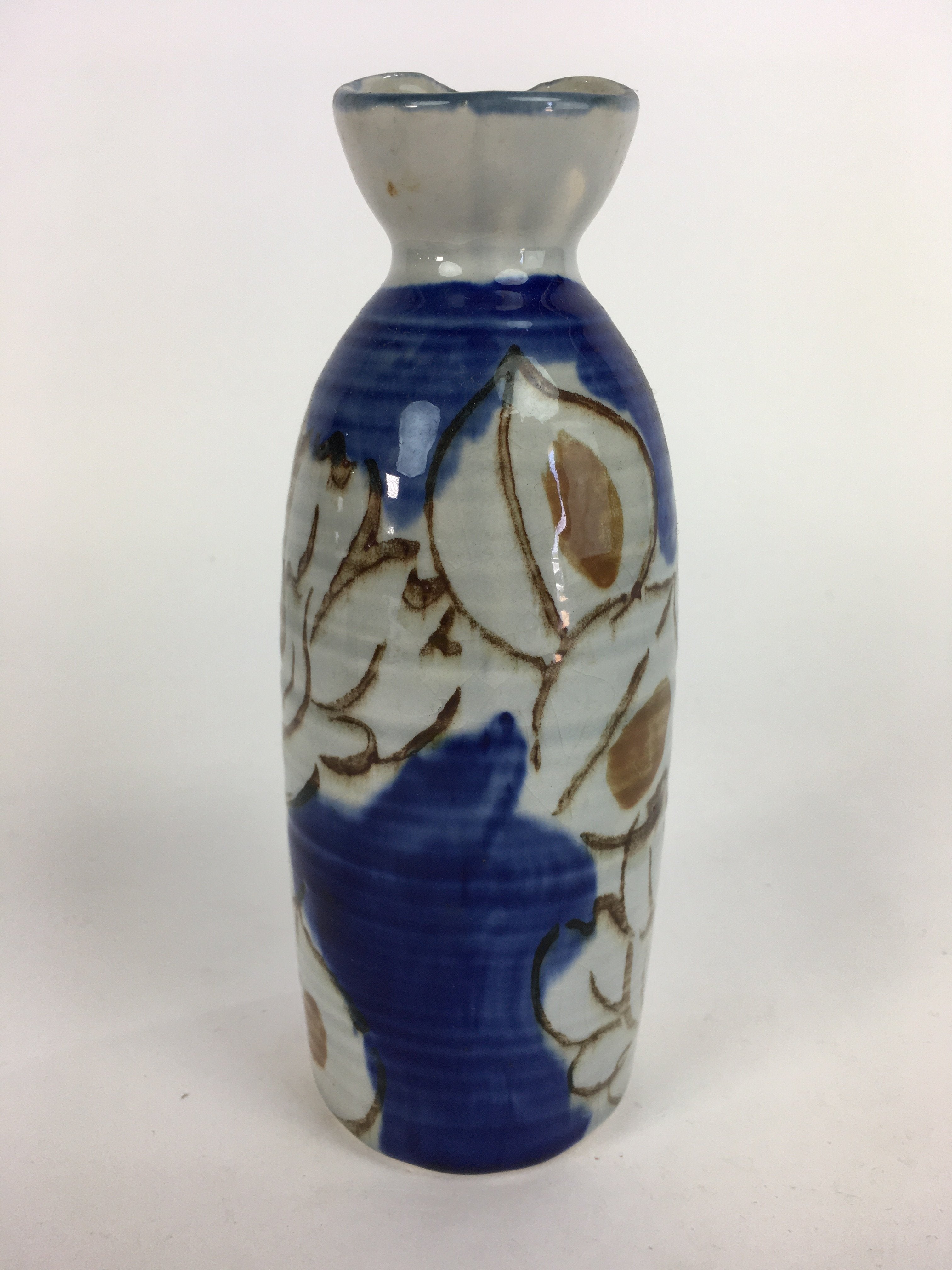 Japanese Ceramic Sake Bottle Tokkuri Vtg Pottery Blue Hand Drawn Picture TS262