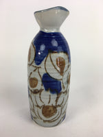 Japanese Ceramic Sake Bottle Tokkuri Vtg Pottery Blue Hand Drawn Picture TS262