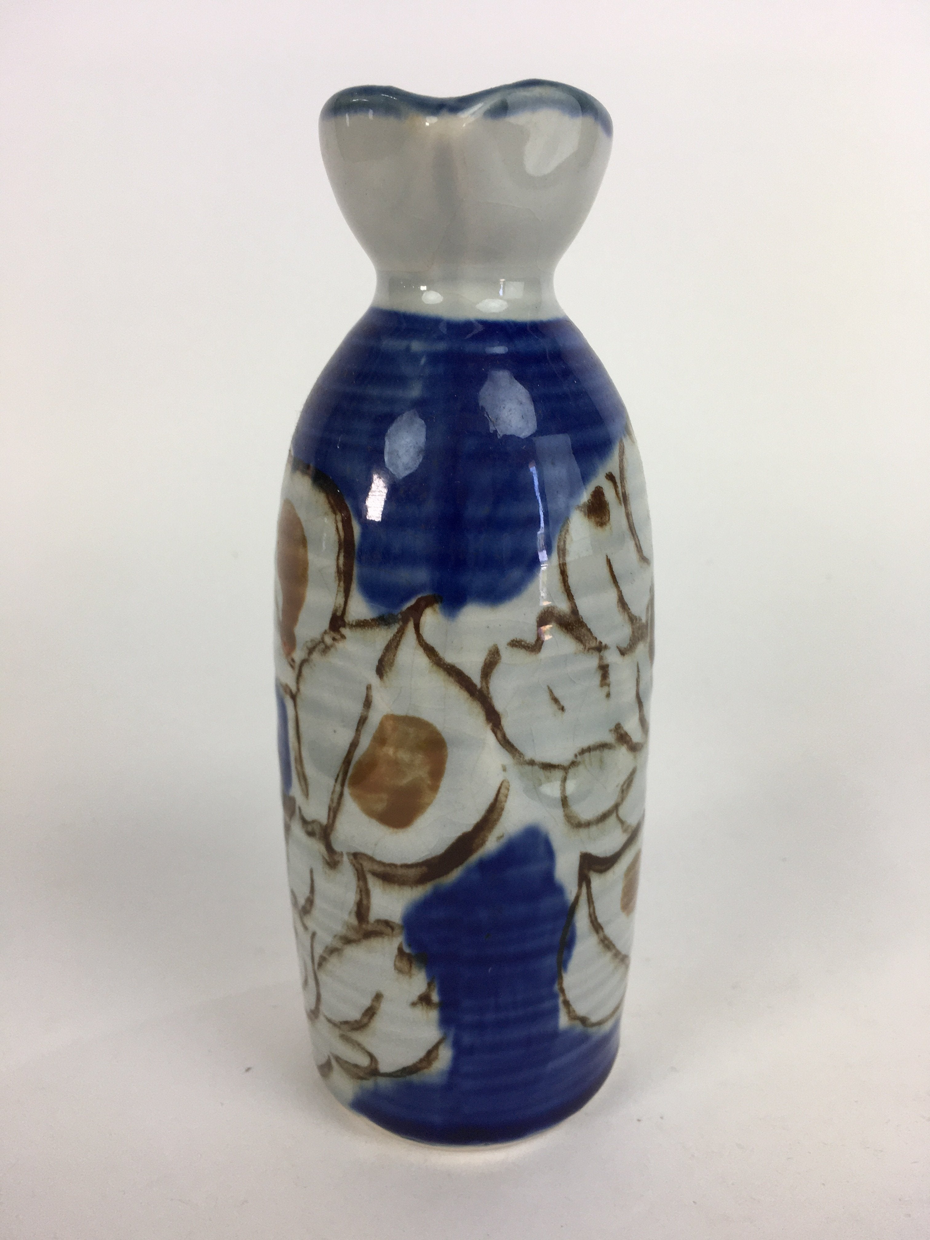 Japanese Ceramic Sake Bottle Tokkuri Vtg Pottery Blue Hand Drawn Picture TS262