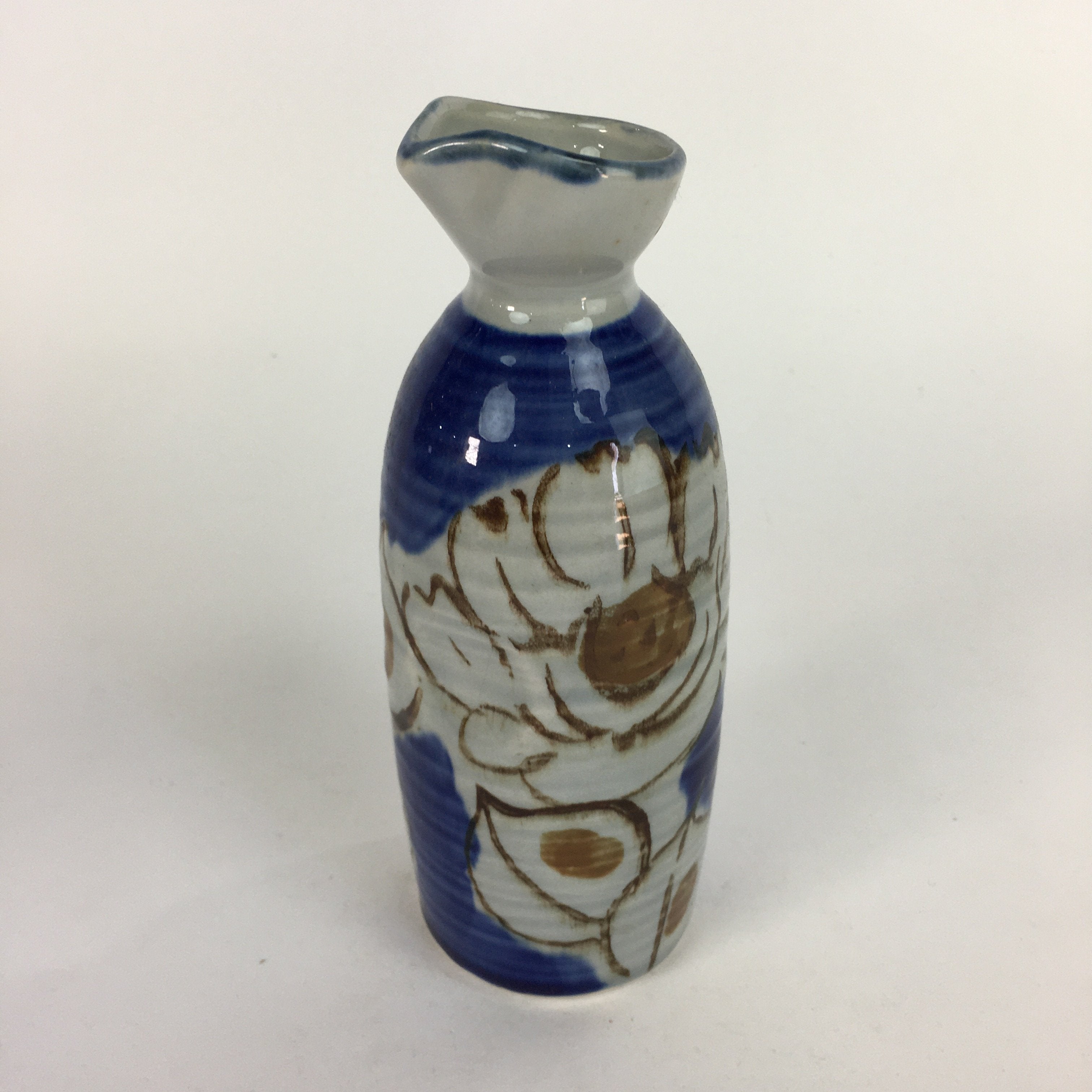 Japanese Ceramic Sake Bottle Tokkuri Vtg Pottery Blue Hand Drawn Picture TS262