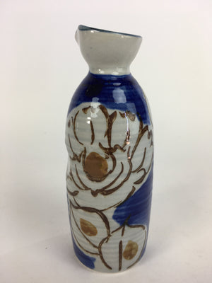 Japanese Ceramic Sake Bottle Tokkuri Vtg Pottery Blue Hand Drawn Picture TS263