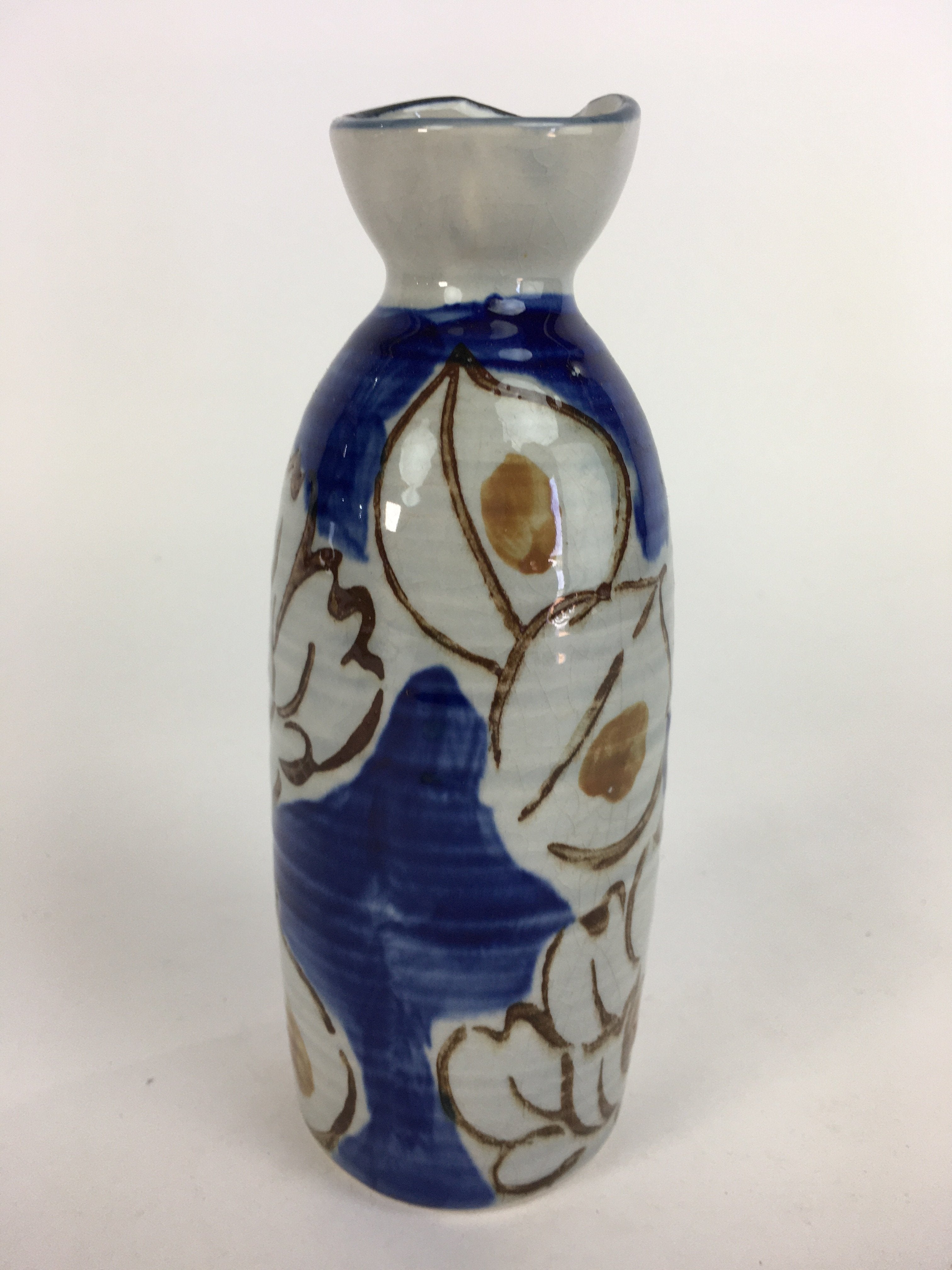 Japanese Ceramic Sake Bottle Tokkuri Vtg Pottery Blue Hand Drawn Picture TS263