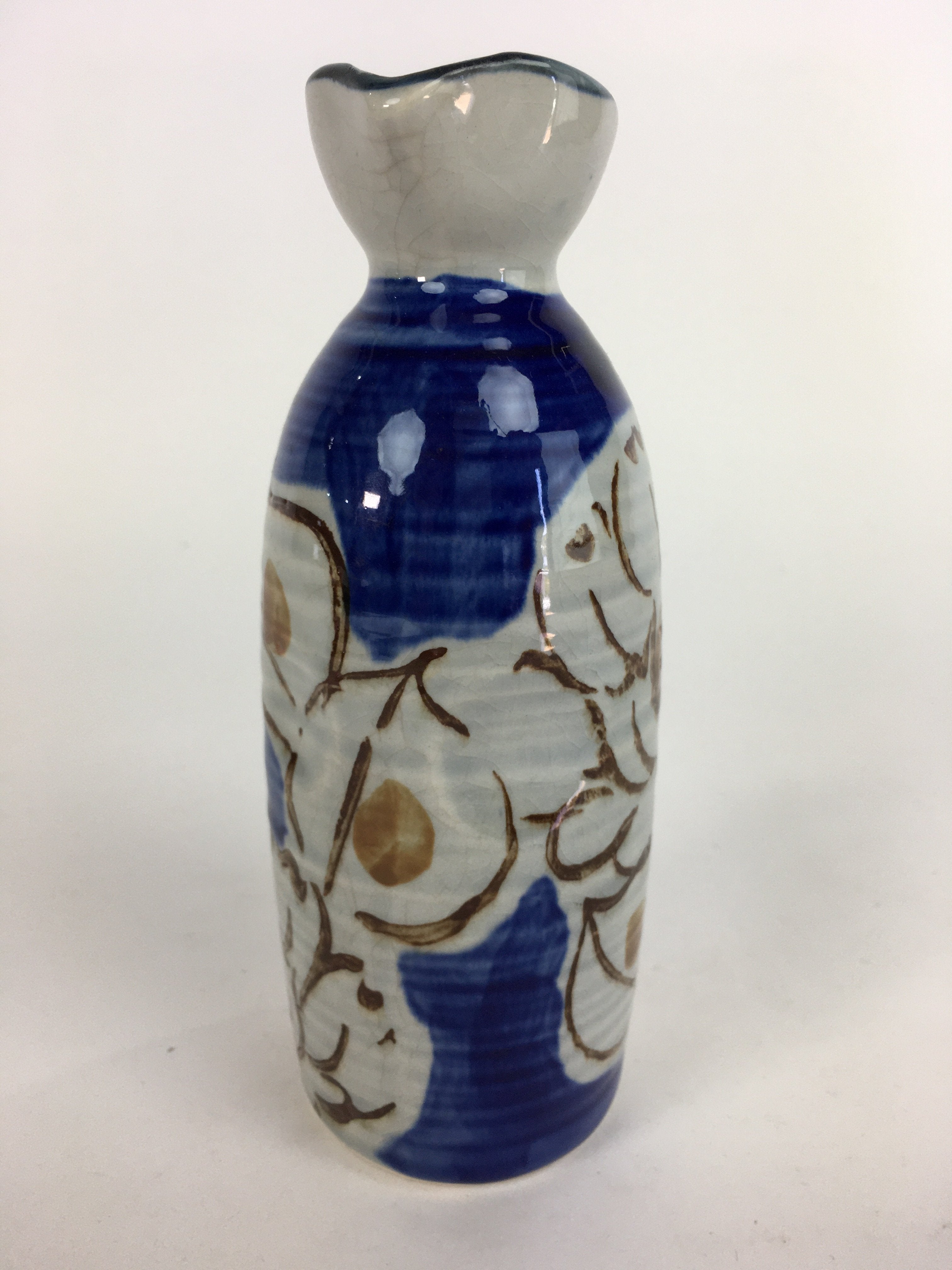 Japanese Ceramic Sake Bottle Tokkuri Vtg Pottery Blue Hand Drawn Picture TS263