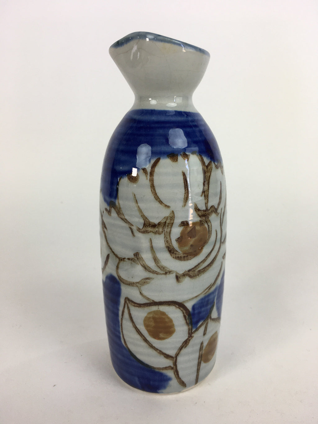 Japanese Ceramic Sake Bottle Tokkuri Vtg Pottery Blue Hand Drawn Picture TS264