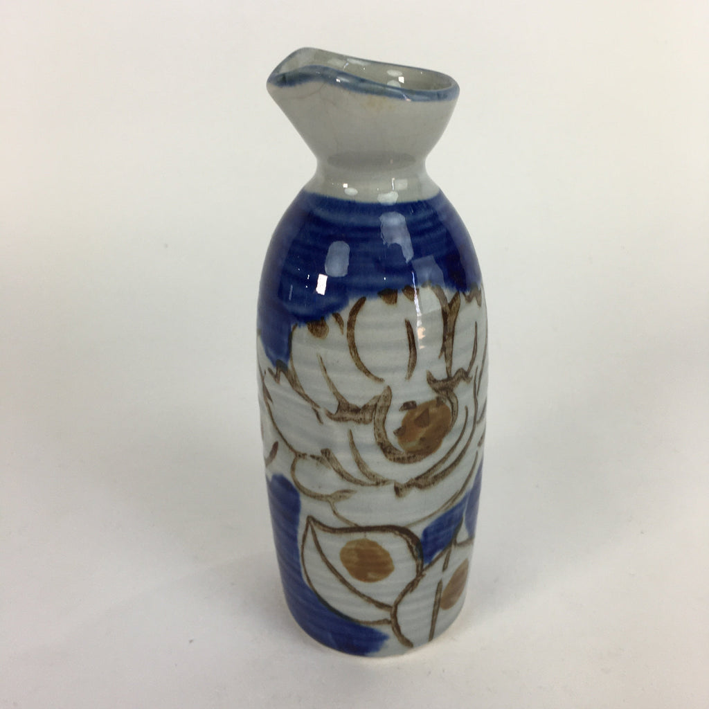 Japanese Ceramic Sake Bottle Tokkuri Vtg Pottery Blue Hand Drawn Picture TS264