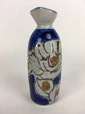 Japanese Ceramic Sake Bottle Tokkuri Vtg Pottery Blue Hand Drawn Picture TS265