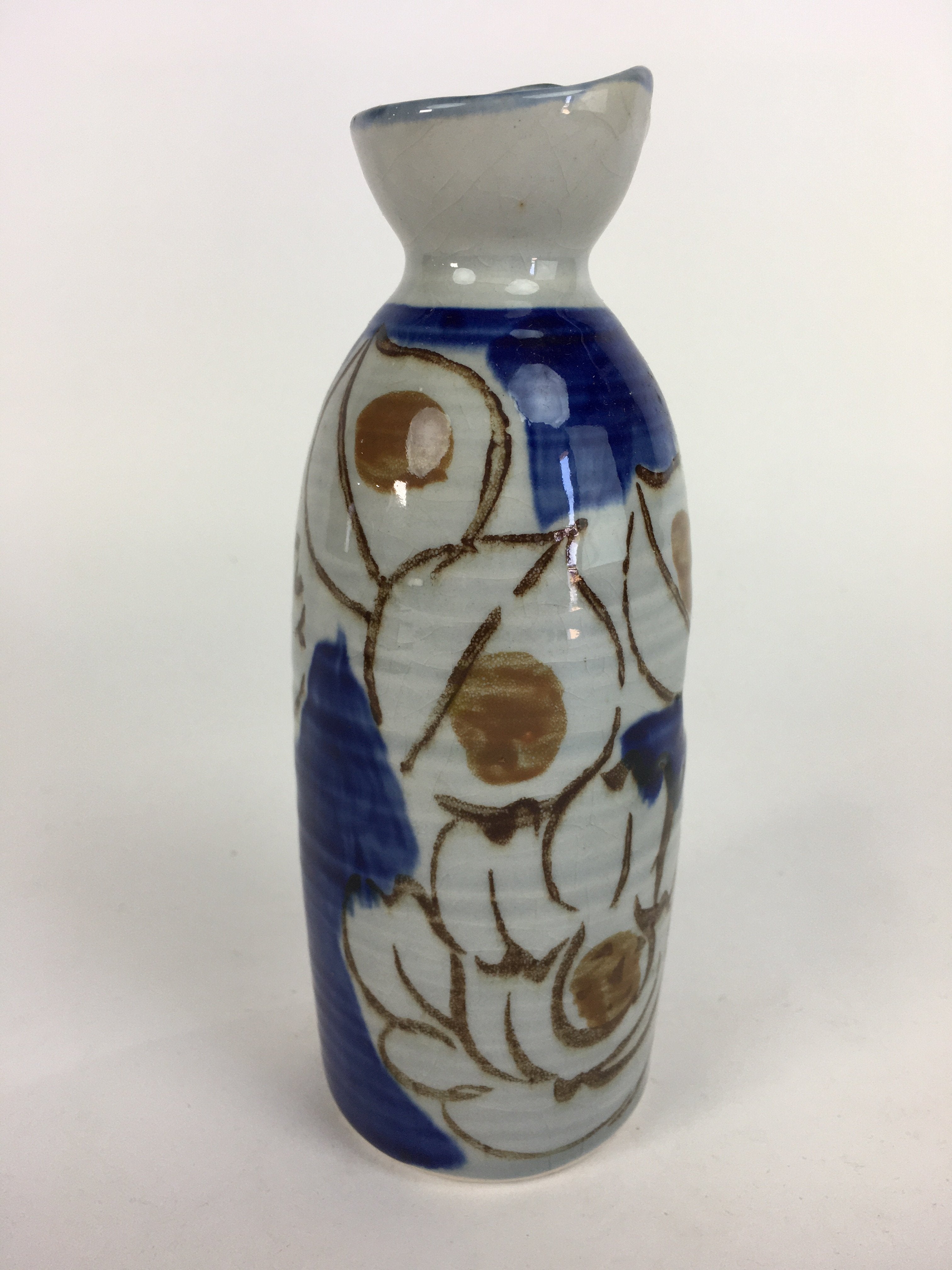 Japanese Ceramic Sake Bottle Tokkuri Vtg Pottery Blue Hand Drawn Picture TS265