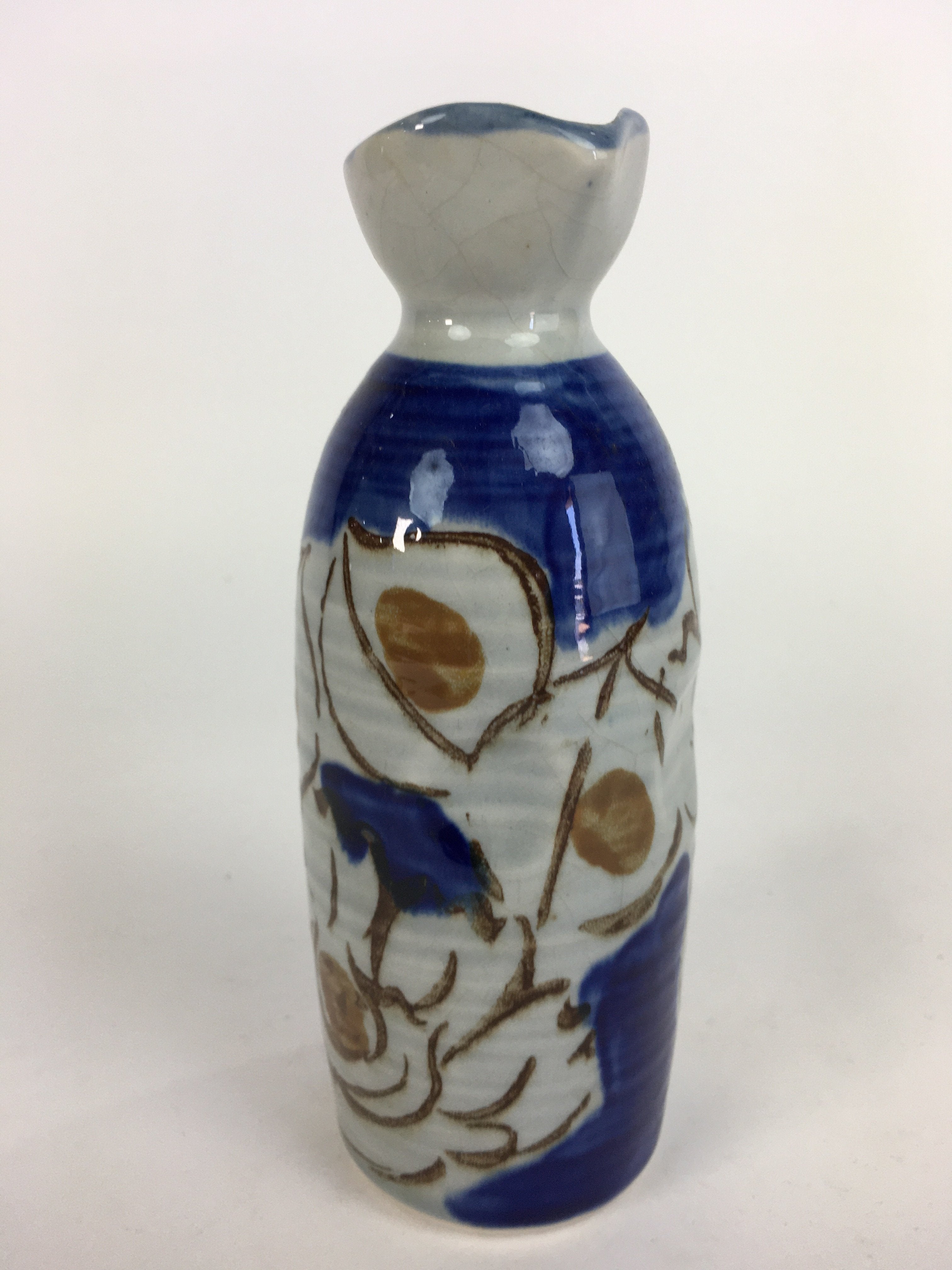 Japanese Ceramic Sake Bottle Tokkuri Vtg Pottery Blue Hand Drawn Picture TS265