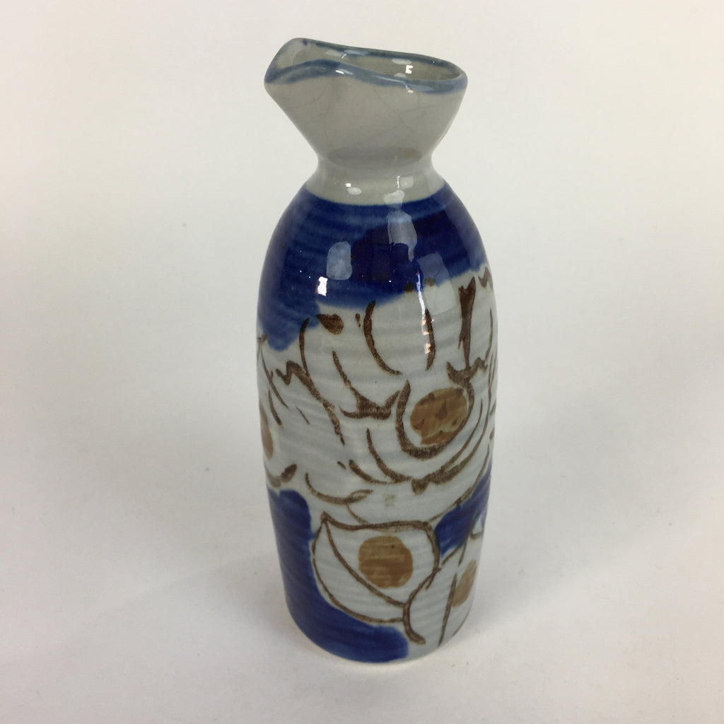 Japanese Ceramic Sake Bottle Tokkuri Vtg Pottery Blue Hand Drawn Picture TS265