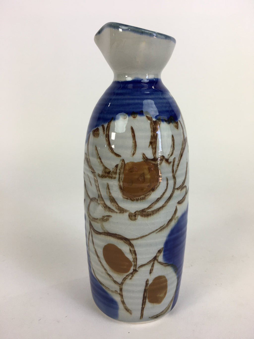 Japanese Ceramic Sake Bottle Tokkuri Vtg Pottery Blue Hand Drawn Picture TS266