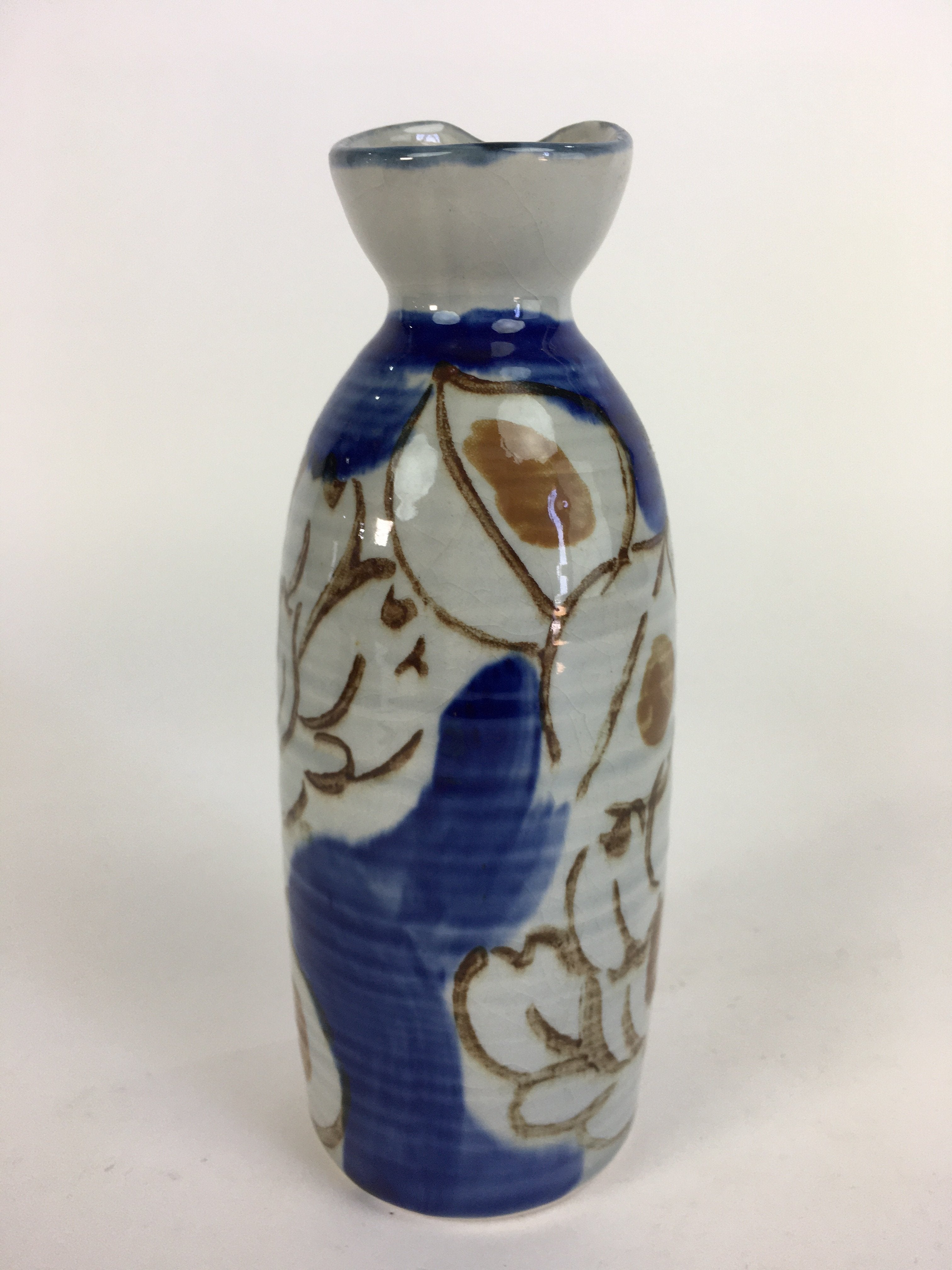 Japanese Ceramic Sake Bottle Tokkuri Vtg Pottery Blue Hand Drawn Picture TS266