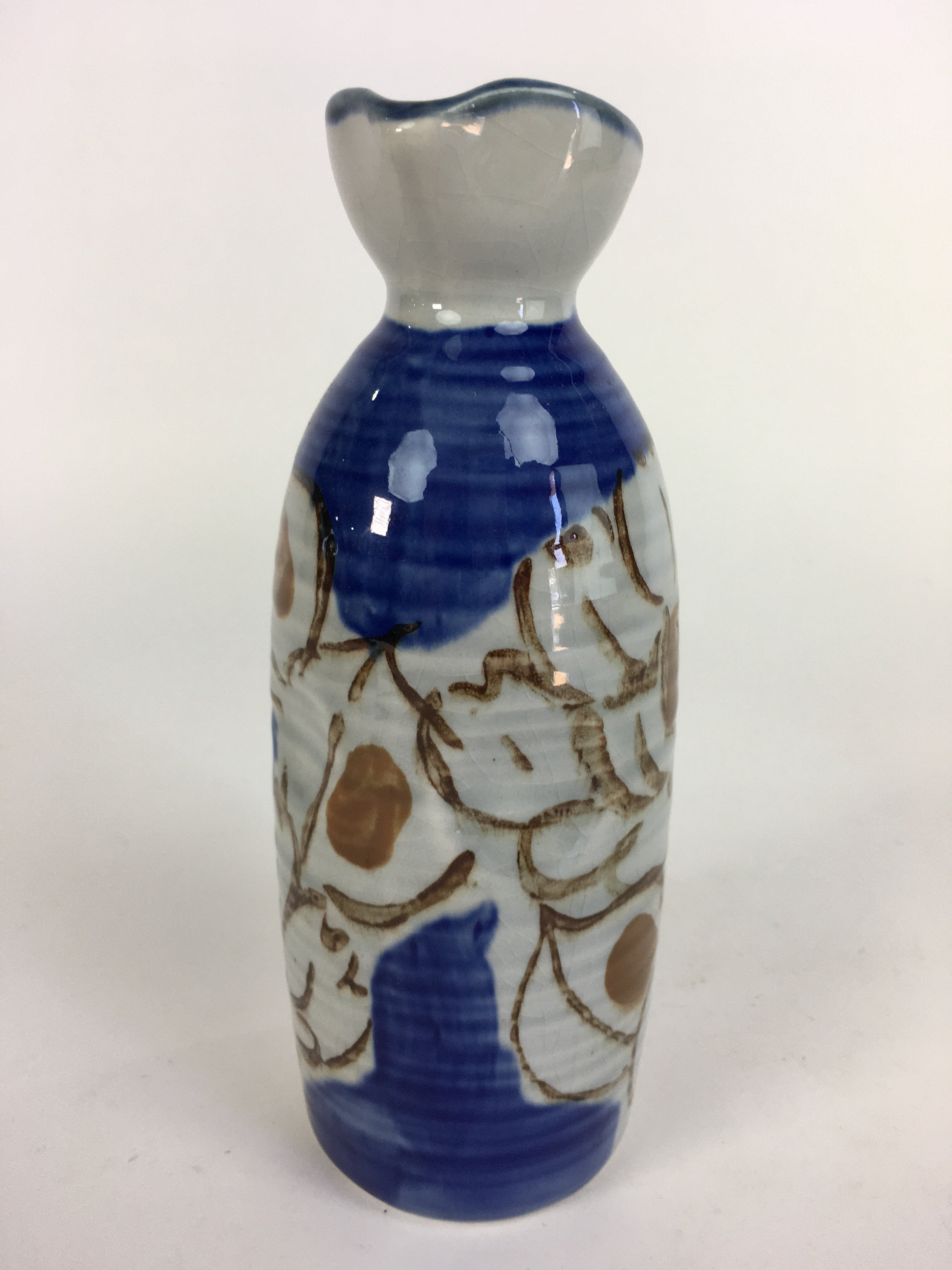 Japanese Ceramic Sake Bottle Tokkuri Vtg Pottery Blue Hand Drawn Picture TS266